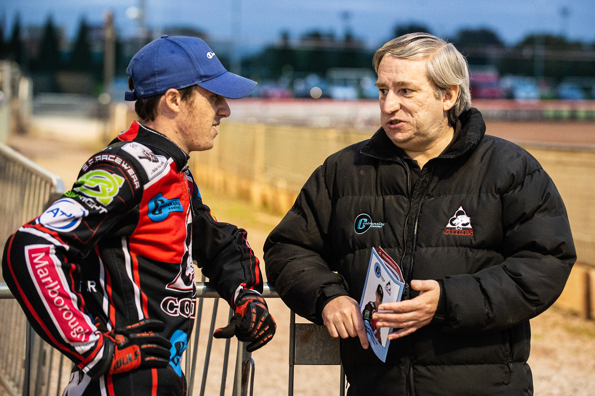 Photo: Ian Charles

Ben Woodhull  (left) chats with Colts manager Graham Goodwin

Belle Vue Colts v Cradley Heathens, SGB National League KO Cup Semi Final 2nd Leg, Belle Vue National Speedway Stadium, Manchester, Wednesday 18  September  2019