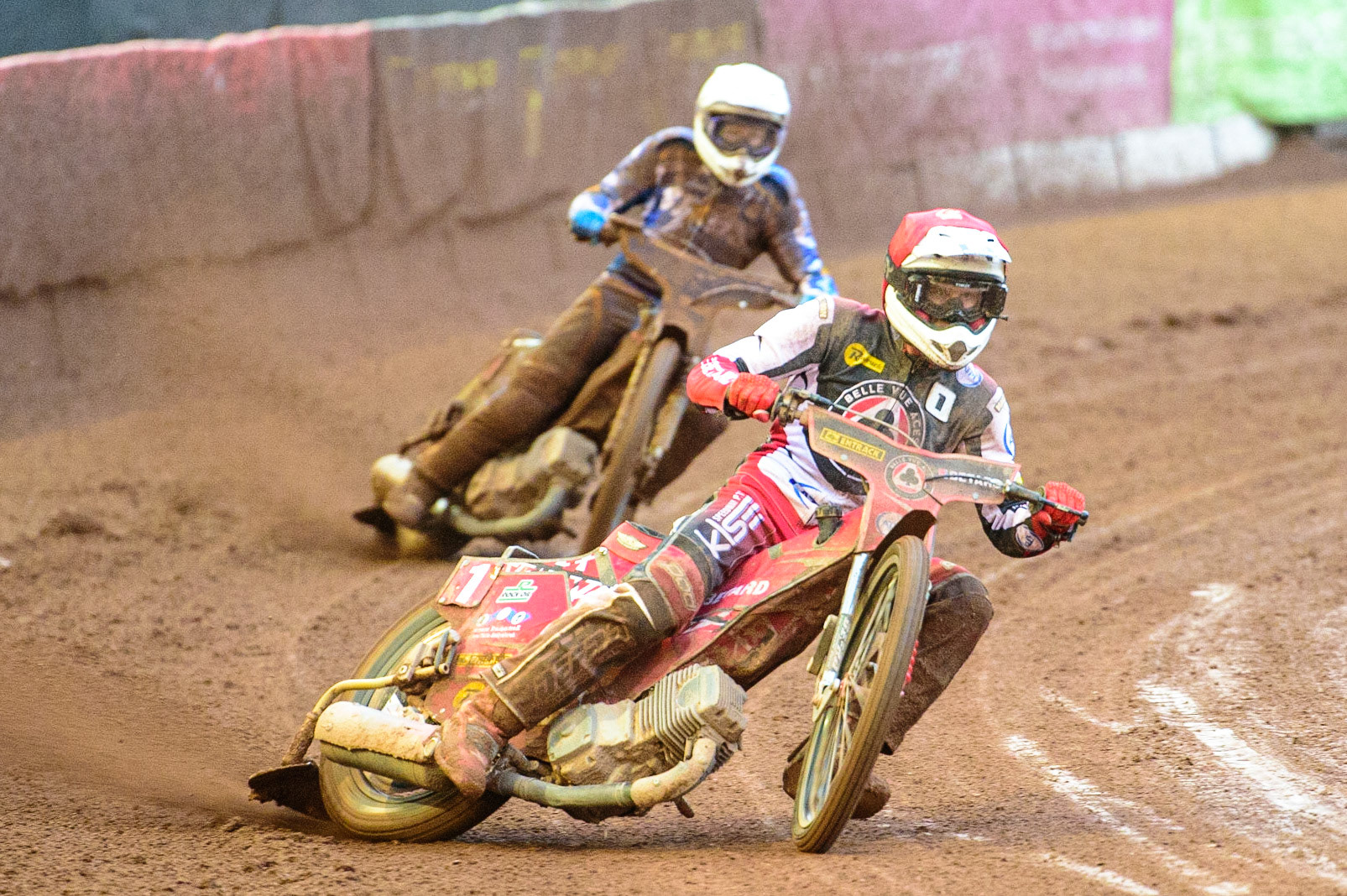 MANCHESTER, UK. MAY 16TH  Max Fricke  (Red) leads Josh Pickering  (White) during the SGB Premiership match between Belle Vue Aces and King's Lynn Stars at the National Speedway Stadium, Manchester on Monday 16th May 2022. (Credit: Ian Charles | MI News)