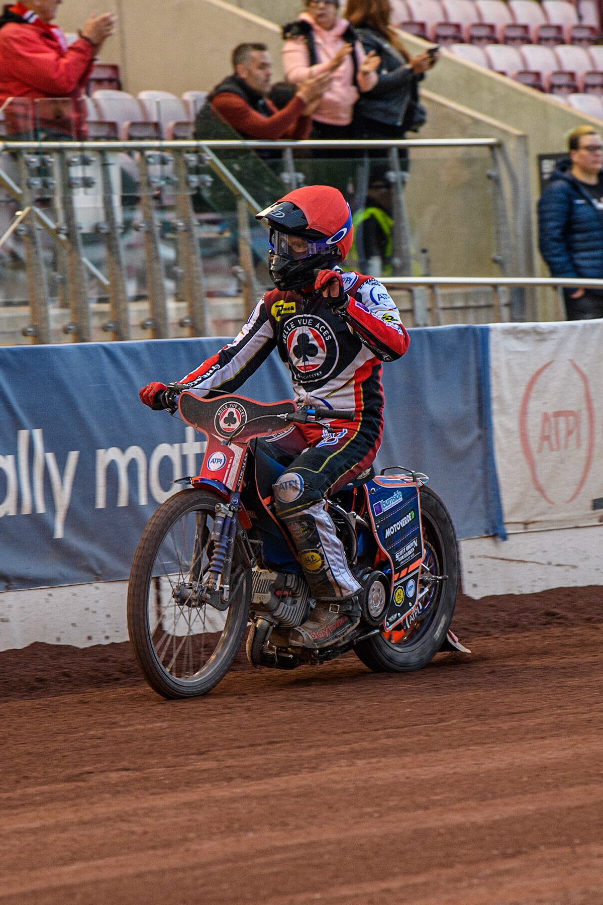 Brady Kurtz waves to the fans after his heat win during the Sports Insure Premiership match between Belle Vue Aces and Wolverhampton Wolves at the National Speedway Stadium, Manchester on Monday 3rd July 2023. (Photo: Ian Charles | MI News)