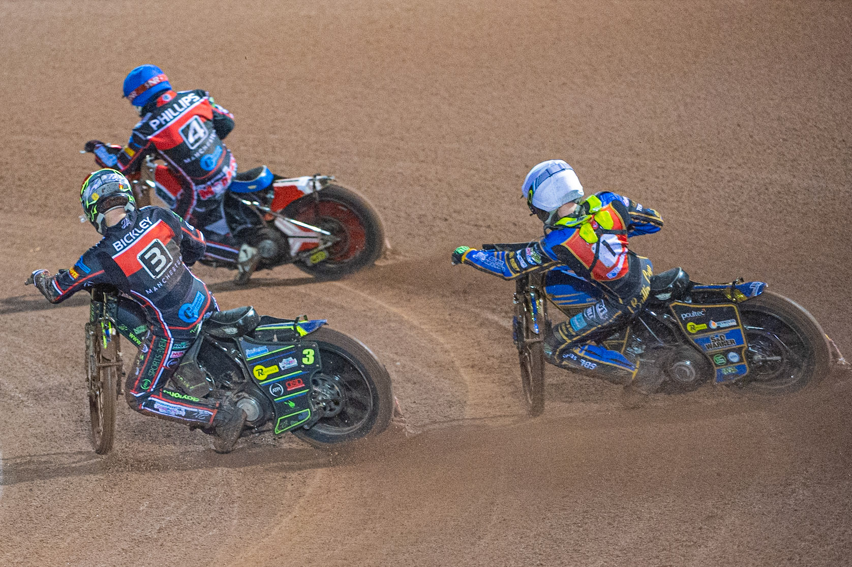 Photo: Ian Charles

Danny Phillips (Blue) leads Kyle Bickley  (Red) and Anders Rowe (White) 

Belle Vue Colts v Kent Kings, SGB National League Play Offs, Semi Final 1st Leg, Belle Vue National Speedway Stadium, Manchester, Friday 4  October  2019