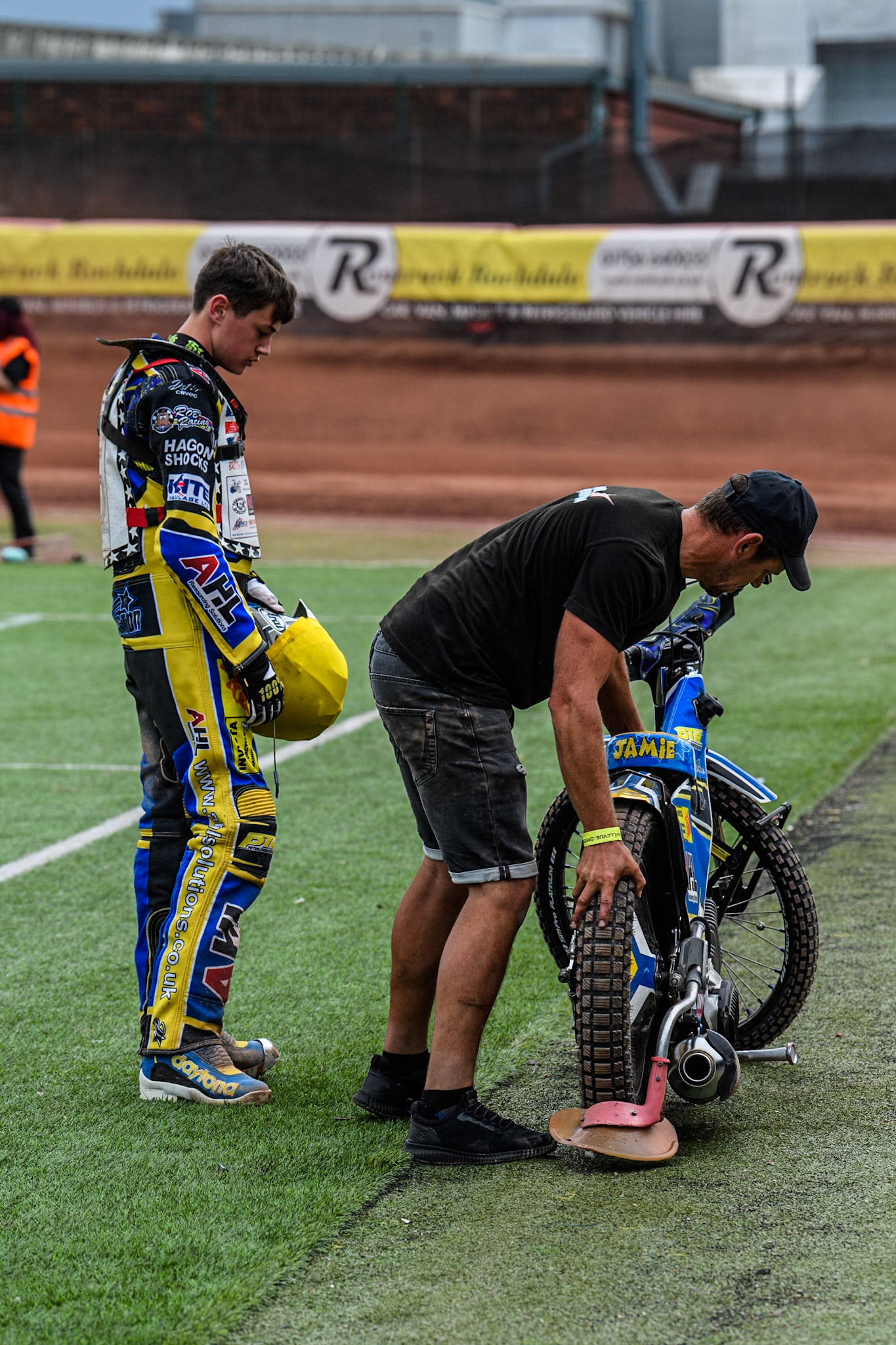 Jamie Etherington (500cc) after his bike failed prior to the start of the Final during the British Youth 500cc Championships at the National Speedway Stadium, Manchester on Friday 2nd August 2024. (Photo: Ian Charles | MI News)