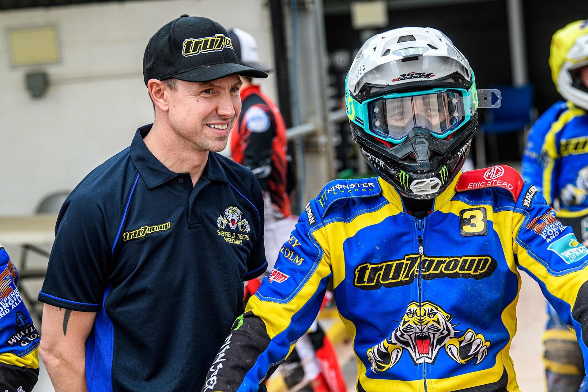 Sheffield Tigers' Team Manager Simon Stead (Left) with Sheffield Tigers' Chris Holder  during the Rowe Motor Oil Premiership match between Belle Vue Aces and Sheffield Tigers at the National Speedway Stadium, Manchester on Monday 26th August 2024. (Photo: Ian Charles | MI News)
