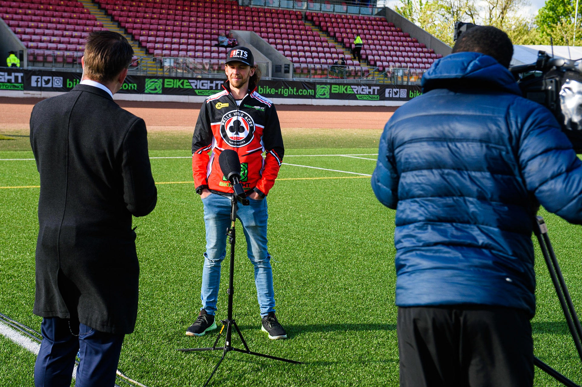 Photo: Ian CharlesCharles Wright is interviewed by the local Granada TVBelle Vue Aces v Sheffield Tigers, British Speedway Premier League, National Speedway Stadium, Manchester Monday  17  May  2021