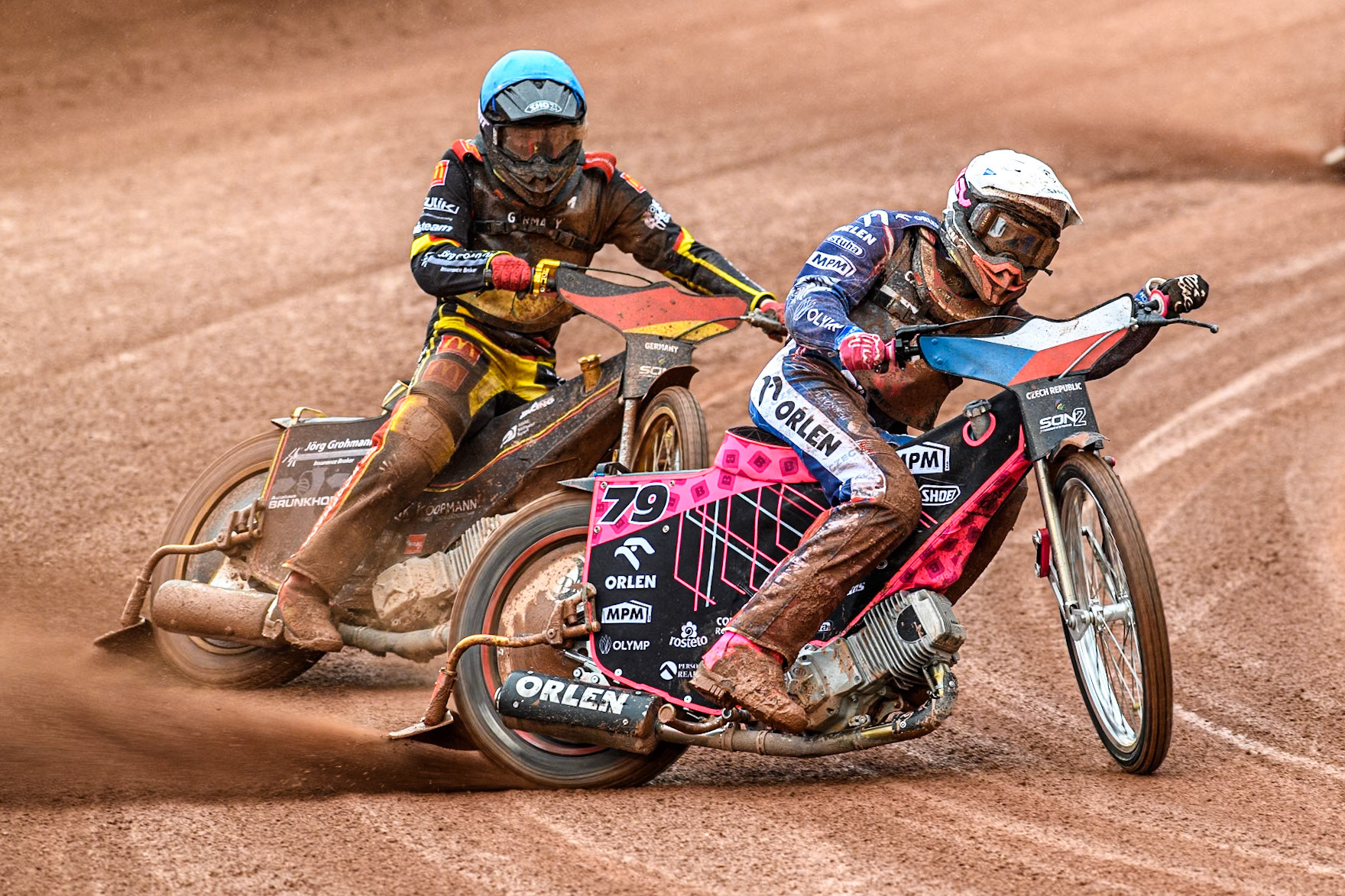 Adam Bubba Bednar of Czech Republic in White leading Norick Blödorn of Germany in Blue during the Monster Energy FIM Speedway of Nations 2 (Under 21) Final at the National Speedway Stadium, Manchester on Friday 12th July 2024. (Photo: Ian Charles | MI News)