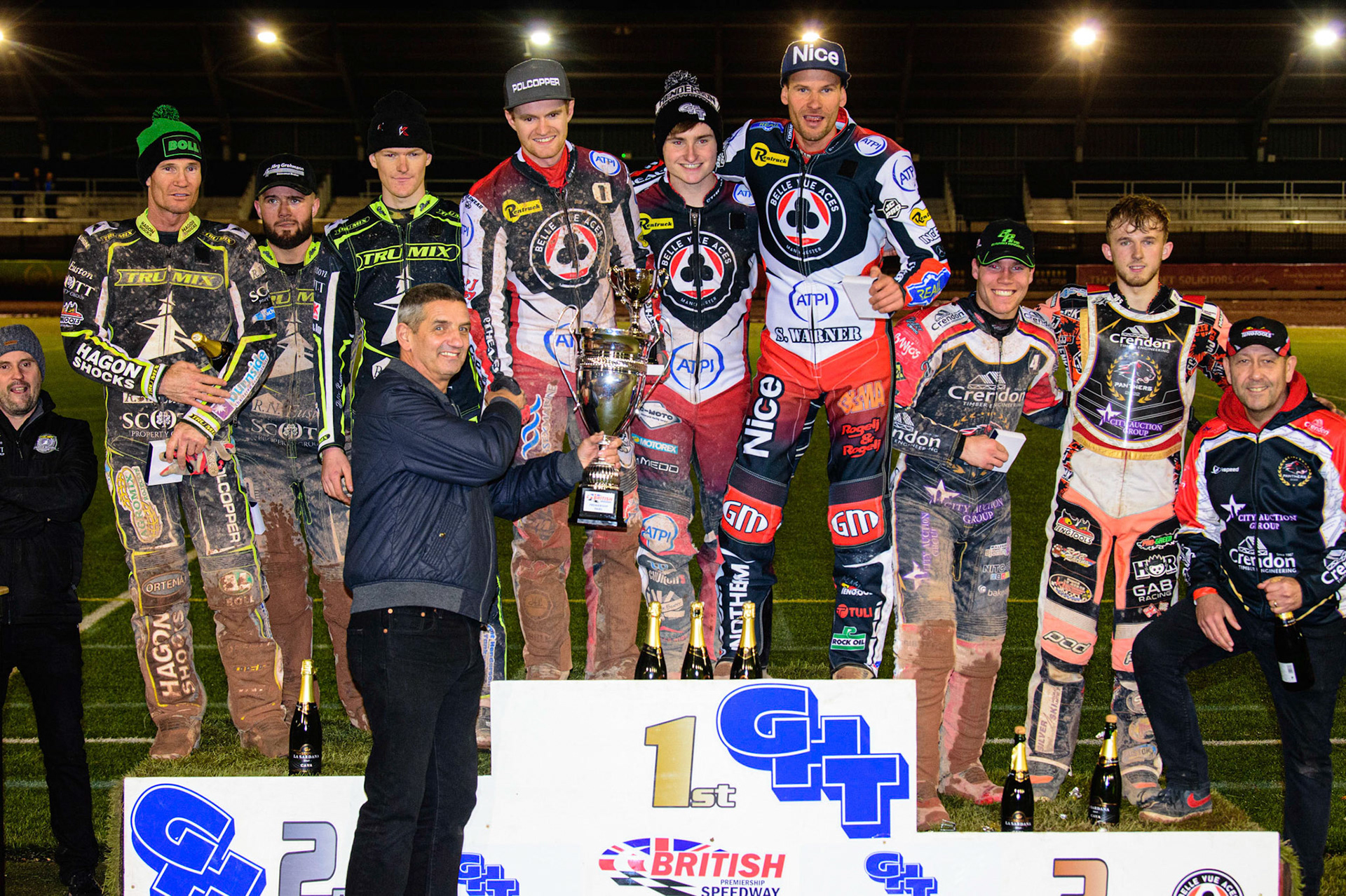 (Left to right) Final Rostrum: Ipswich (2nd) Belle Vue (1st) and Peterborough (3rd) during the Grant Henderson Pairs at the National Speedway Stadium, Manchester on Thursday 27th October 2022. (Credit: Ian Charles | MI NEWS)