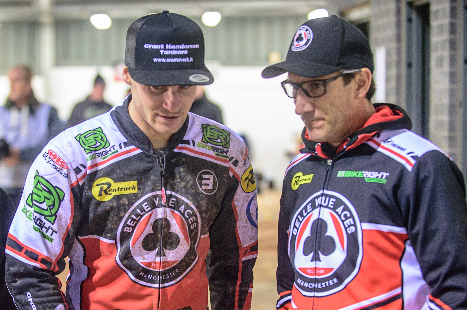 MANCHESTER, UK. OCT 11TH  Richie Worrall  (left) with Belle Vue BikeRight Aces  Manager Mark Lemon  during the SGB Premiership Grand Final 1st Leg between Belle Vue Aces and Peterborough Panthers at the National Speedway Stadium, Manchester on Monday 11th October 2021. (Credit: Ian Charles | MI News)