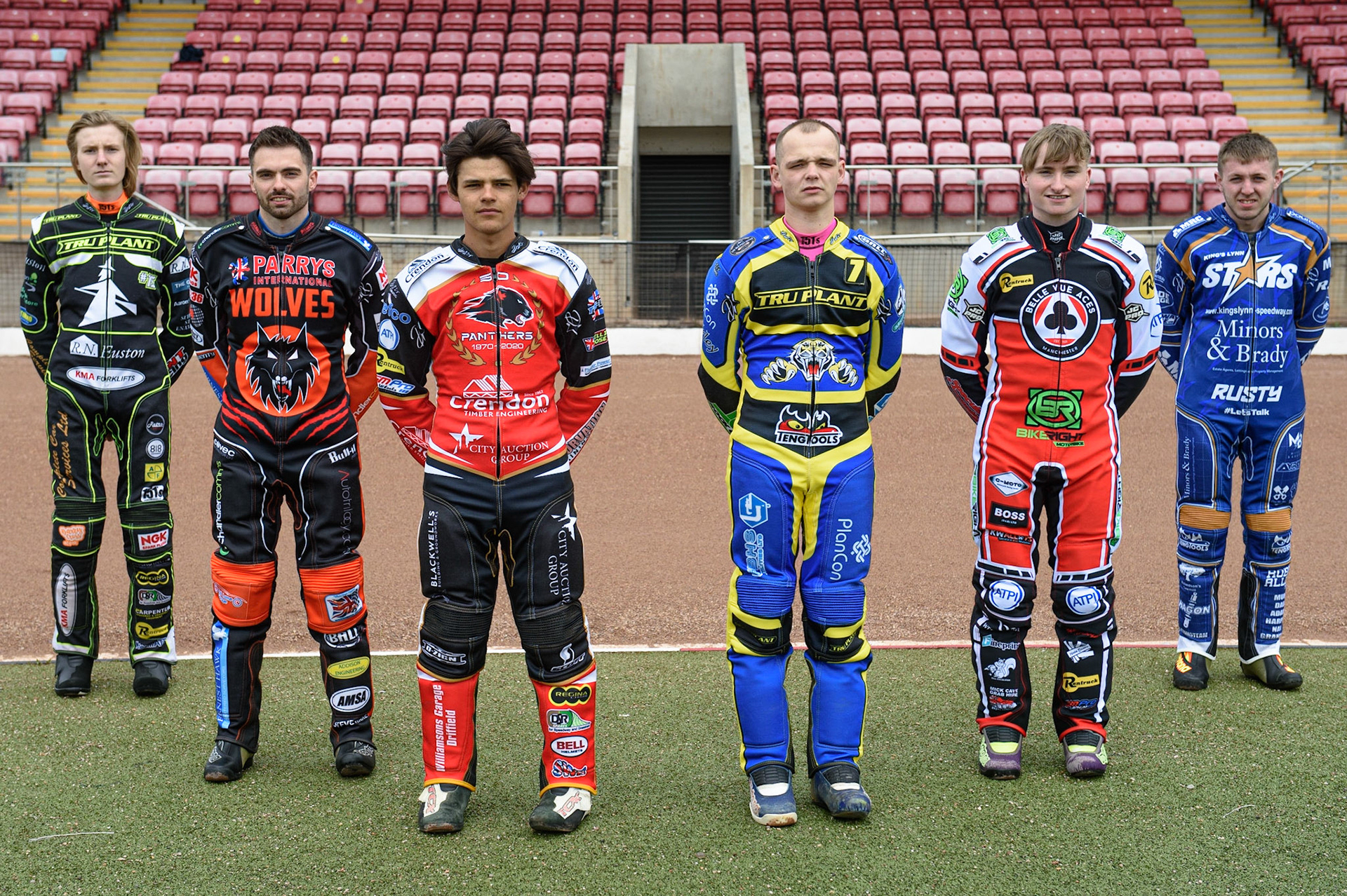 MANCHESTER, UK. MAY 12TH: The Premier League Captains: (l-r) Rory Schlein,  Lewis Kerr, Scott Nichols, Kyle Howarth, Danny King, Steve Worrall  Discovery Networks Eurosport Speedway Season Launch at the National  Speedway Stadium