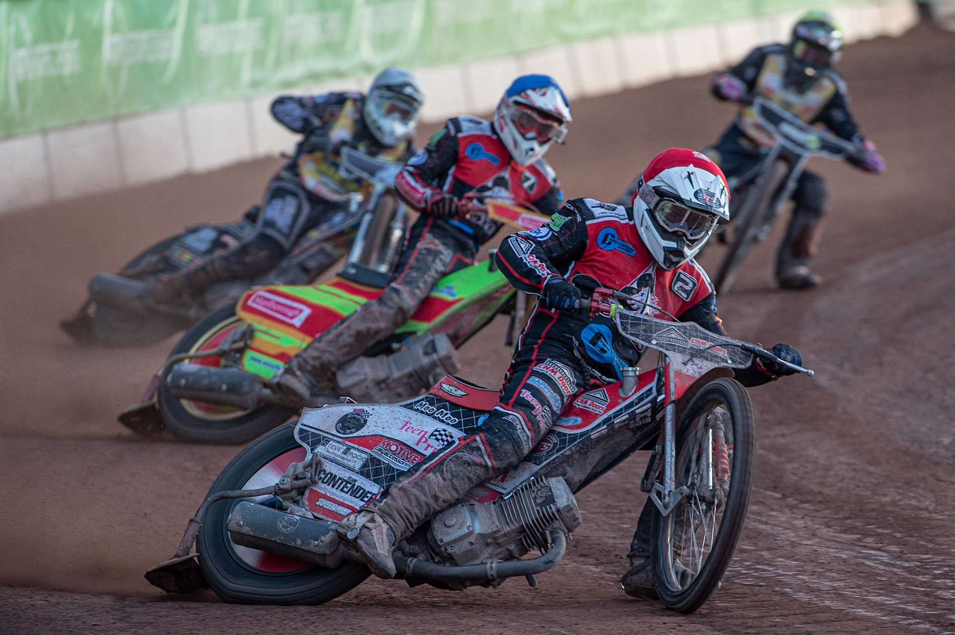 Photo: Ian Charles

Danny Phillips  (Red) leads Ben Woodhull  (Blue) Chad Wirtzfield  (White) and Connor King  (Yellow)

Belle Vue Colts v Isle Of Wight Warriors, SGB National League KO Cup Quarter Final 1st Leg, Belle Vue National Speedway Stadium, Manchester, Monday 22  July  2019