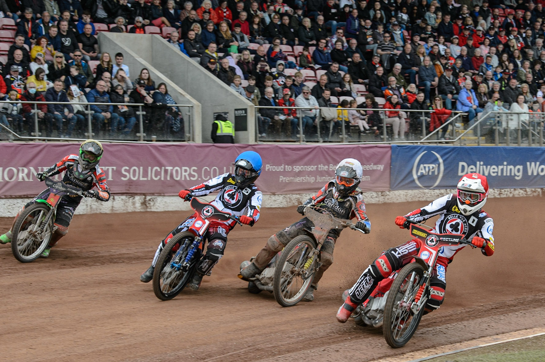 MANCHESTER, UK. MAY 2ND Max Fricke  (Red) inside Michael Palm Toft  (White), Brady Kurtz  (Blue) and Benjamin Basso  (Yellow)  during the SGB Premiership match between Belle Vue Aces and Peterborough at the National Speedway Stadium, Manchester on Monday 2nd May 2022. (Credit: Ian Charles | MI News)