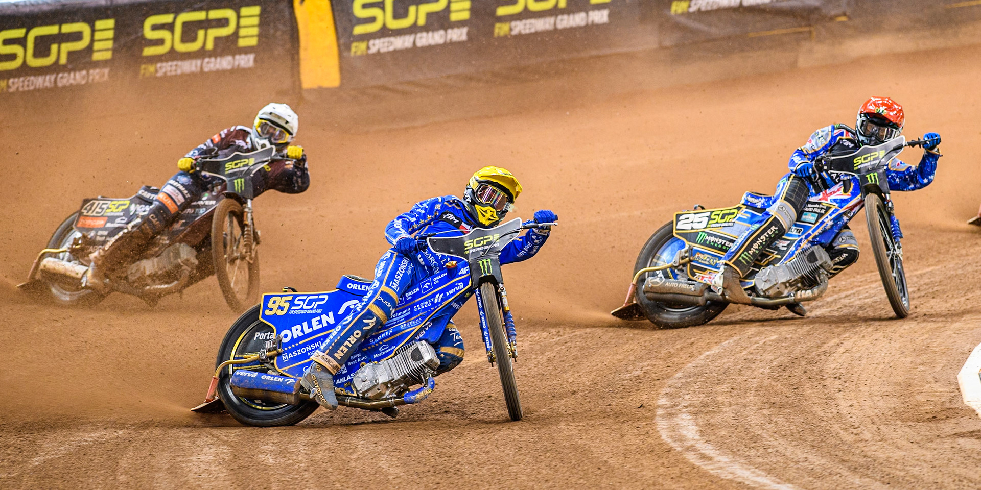 Bartosz Zmarzlik (95) of Poland  in Yellow leading Jack Holder (25) of Australia in Red and Jack Holder (25) of Australia in Red during the FIM Speedway Grand Prix of Great Britain at The Principality Stadium, Cardiff on Saturday 17th August 2024. (Photo: Ian Charles | MI News)