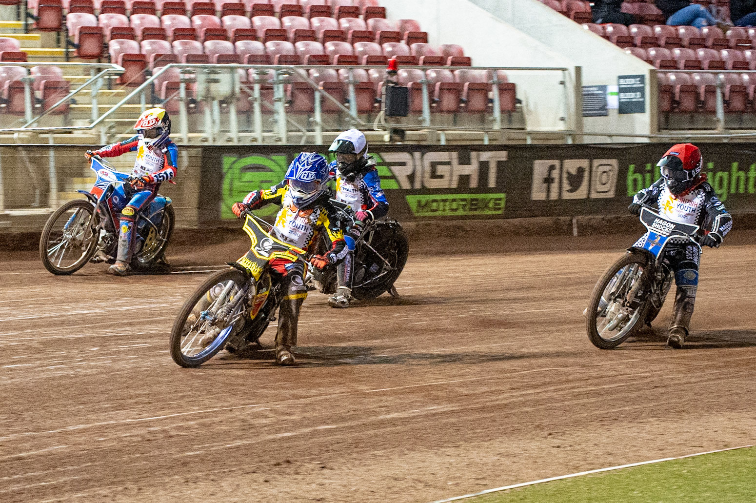 Photo: Ian CharlesMax James (Blue) leads Ashton Vale (Red) Jody Scott (White) and Cameron Taylor (Yellow) (250cc Class)British Youth Speedway Championship (Round 5), National Speedway Stadium, Manchester Saturday  10  October  2020