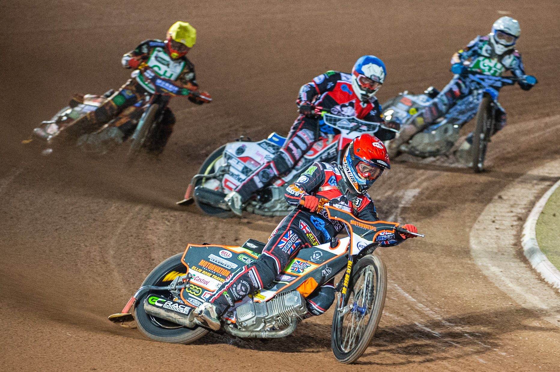 Photo: Ian Charles

Belle Vue Colts  Jordan Palin  (Red) leads Danny Phillips  (Blue), Luke Harris (Yellow) and Harry McGurk  (White)

Belle Vue Colts v Cradley Heathens, SGB National League KO Cup Semi Final 2nd Leg, Belle Vue National Speedway Stadium, Manchester, Wednesday 18  September  2019