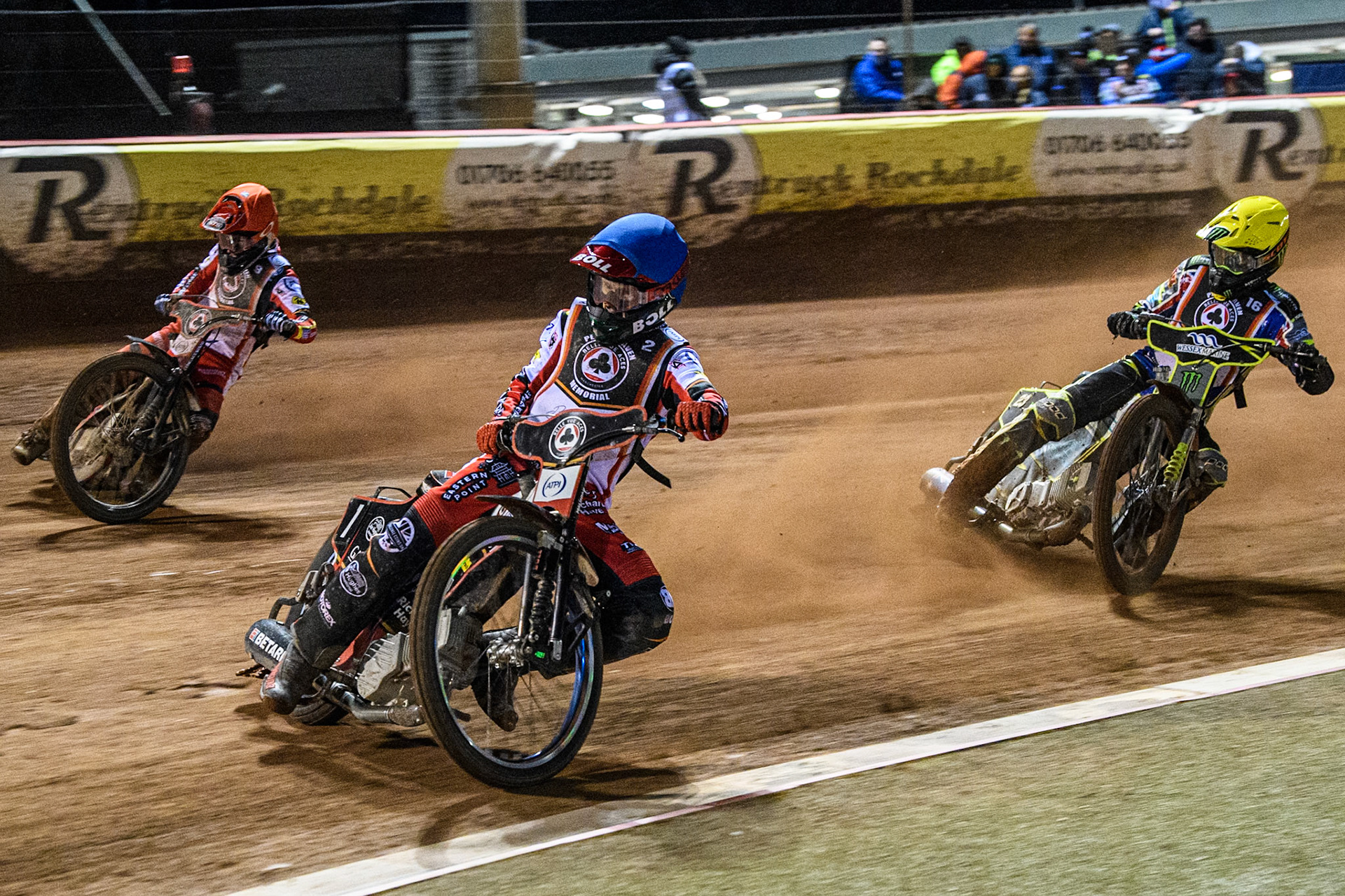 Brady Kurtz leading Zach Cook in Red and Chris Holder in Yellowduring the Peter Craven Memorial Trophy at the National Speedway Stadium, Manchester on Monday 17th March 2026. (Photo: Ian Charles | MI News)