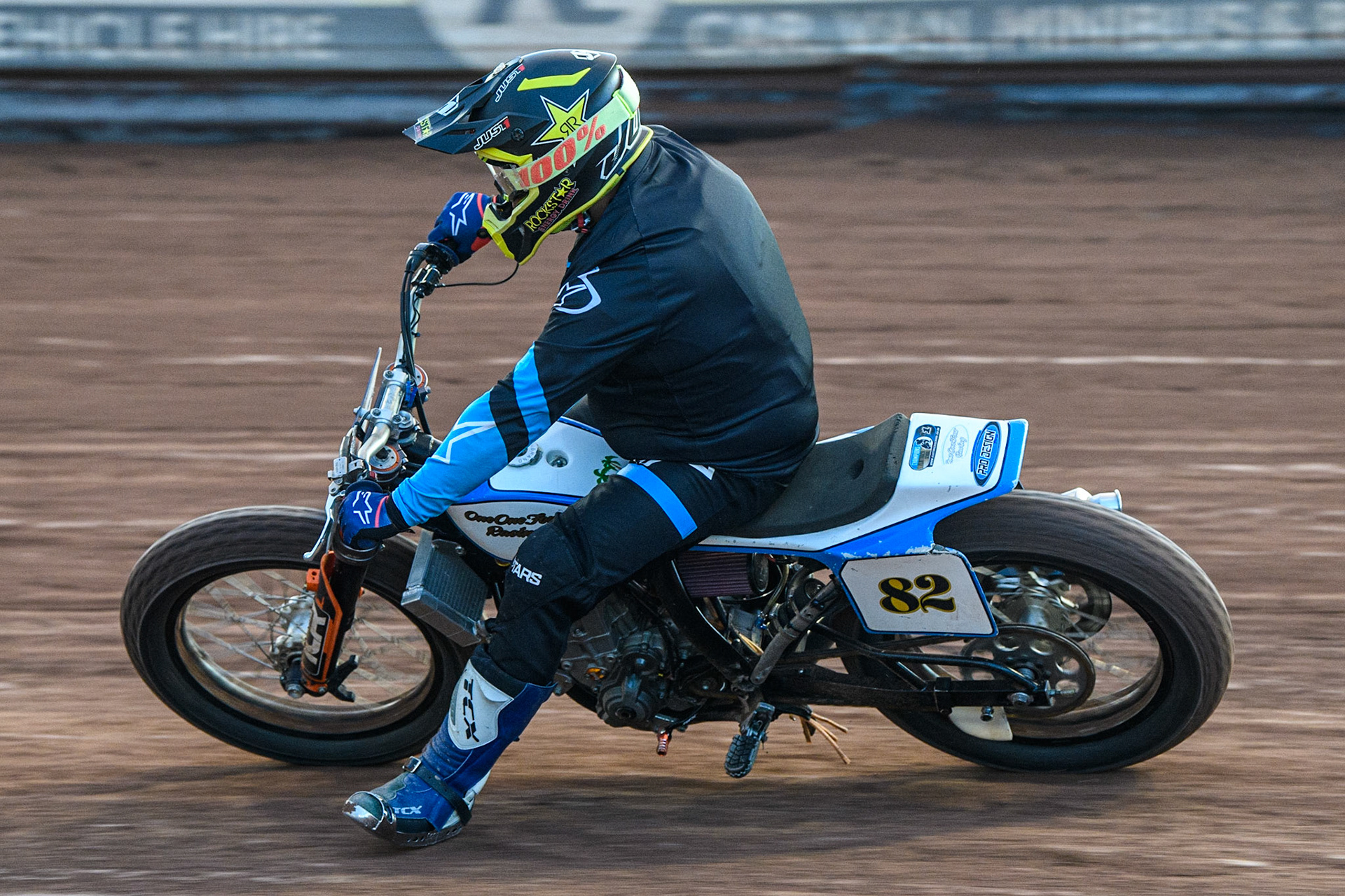 Luke Porter (82) in action   during the Flat Track Demonstration Races  during the Sports Insure Premiership match between Belle Vue Aces and Wolverhampton Wolves at the National Speedway Stadium, Manchester on Monday 3rd July 2023. (Photo: Ian Charles | MI News)