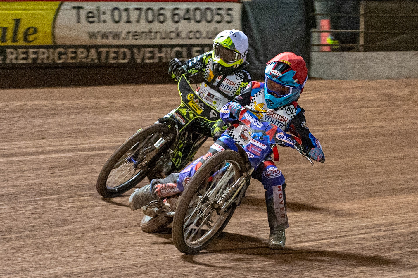Photo: Ian CharlesSonny Springer (Red) leads Ace Pijper (White) in the 125cc A Class FinalBritish Youth Speedway Championship (Round 5), National Speedway Stadium, Manchester Saturday  10  October  2020