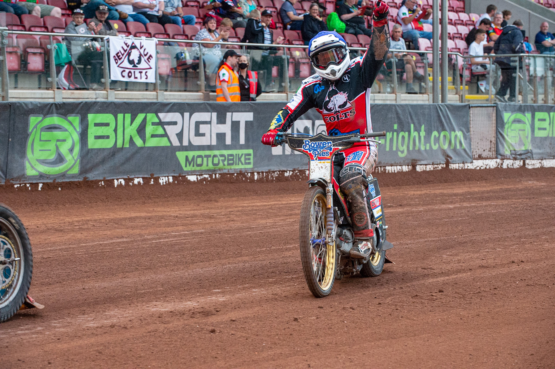 MANCHESTER, UK. JULY 2ND  Paul Bowen  c celebrates his first home heat win of the season during the National Development League match between Belle Vue Colts and Kent Royals at the National Speedway Stadium, Manchester on Friday 2nd July 2021. (Credit: Ian Charles | MI News)