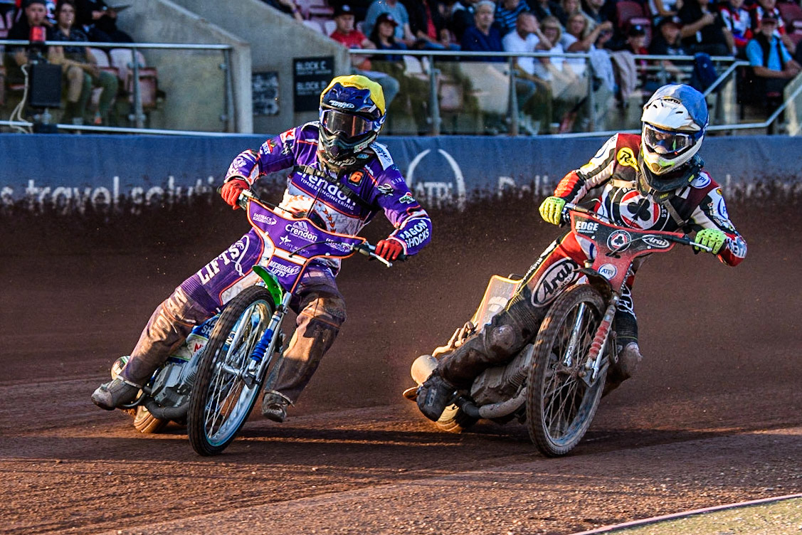 Hans Andersen (Yellow) leads Jake Mulford (Blue) during the Sports Insure Premiership match between Belle Vue Aces and Peterborough at the National Speedway Stadium, Manchester on Monday 19th June 2023. (Photo: Ian Charles | MI News)