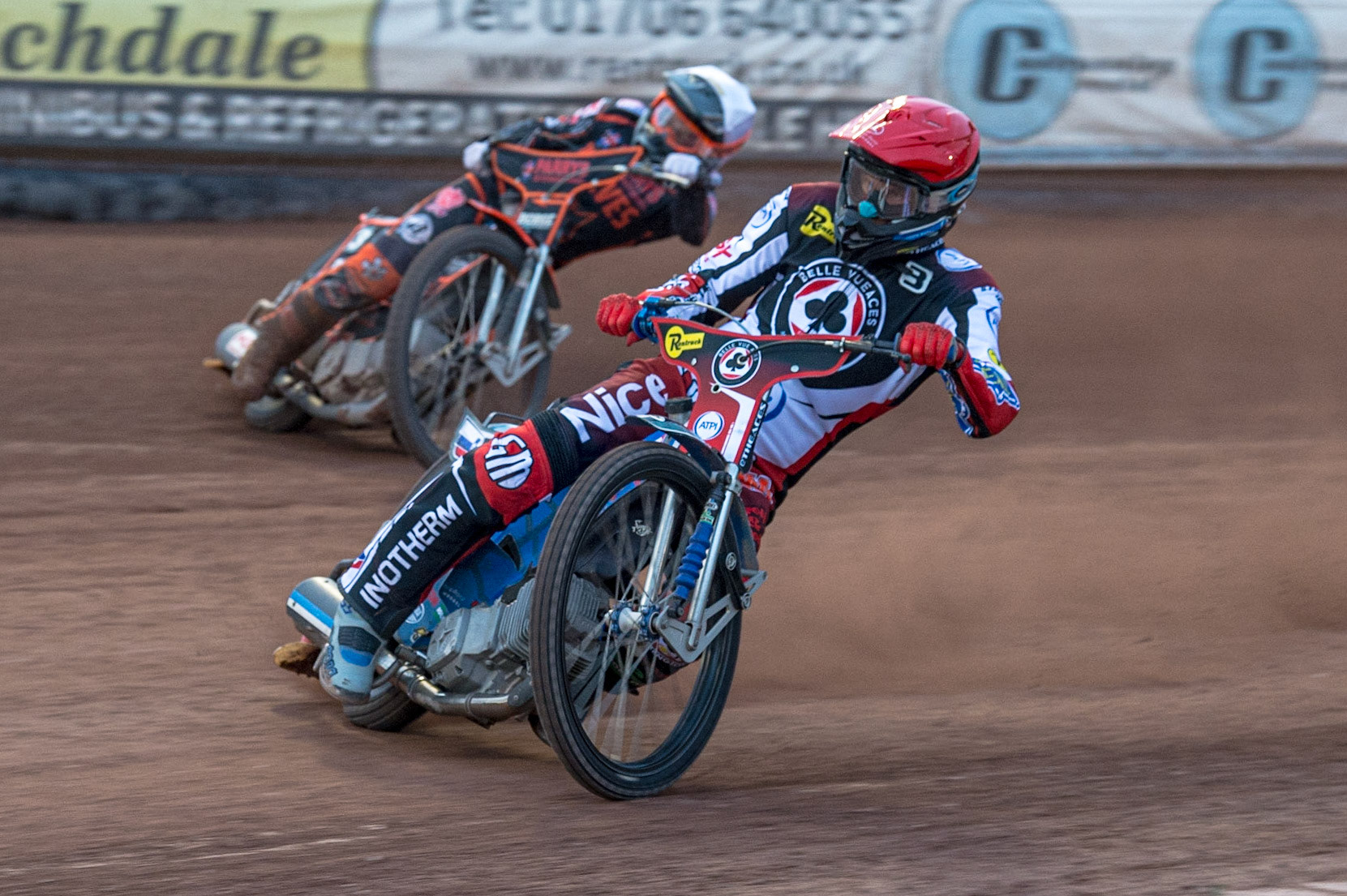 MANCHESTER, UK. JUN 13TH Matej Zagar  (Red) leads Luke Becker  (White) during the SGB Premiership match between Belle Vue Aces and Wolverhampton  Wolves at the National Speedway Stadium, Manchester on Monday 13th June 2022. (Credit: Ian Charles | MI News)
