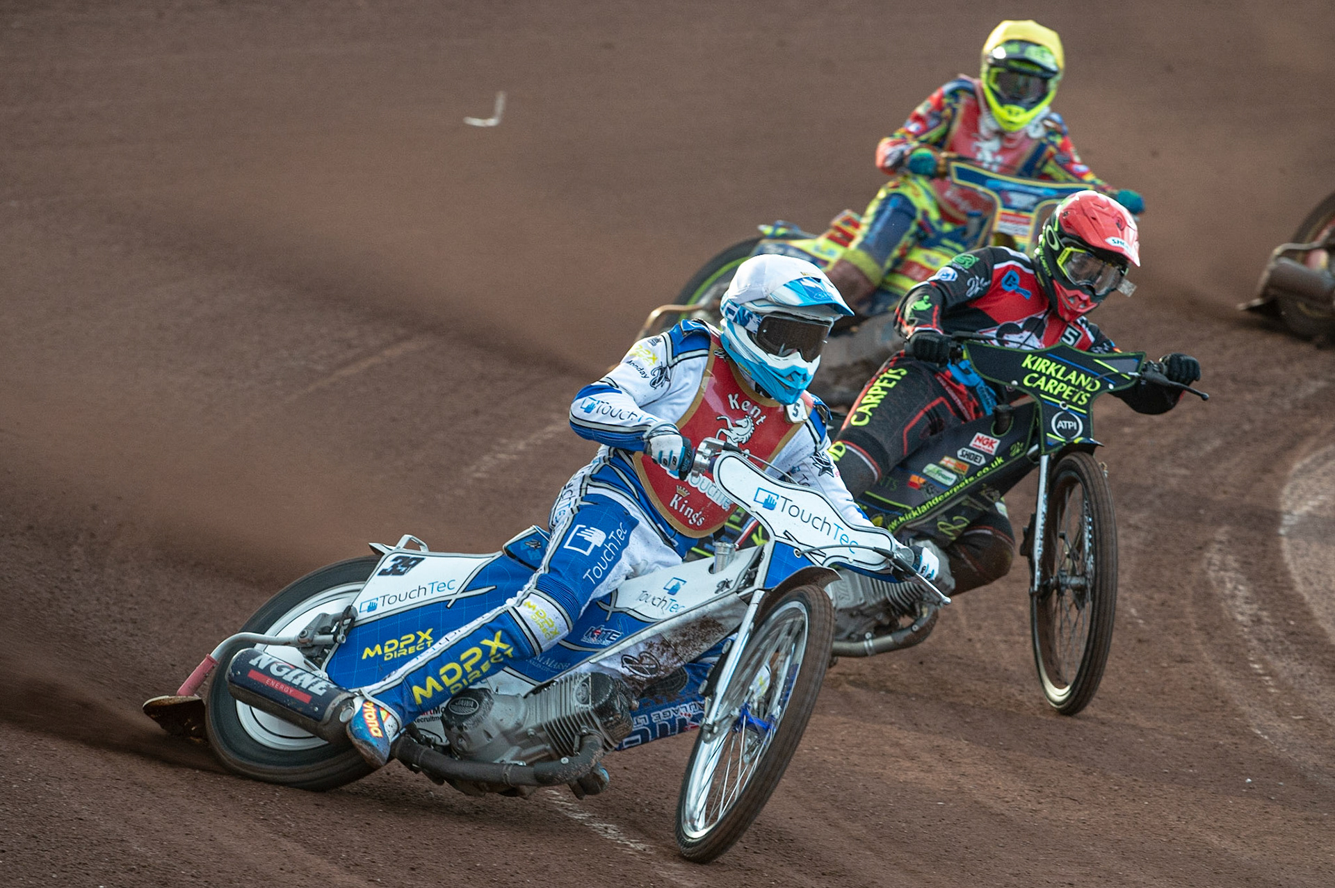 Photo: Ian Charles

Rob Ledwith (White) leads Kyle Bickley  (Red) and Nathan Ablitt  (Yellow)

Belle Vue Colts v Kent Kings, SGB National League KO Cup Quarter Final 1st Leg, Belle Vue National Speedway Stadium, Manchester, Thursday 20  June  2019