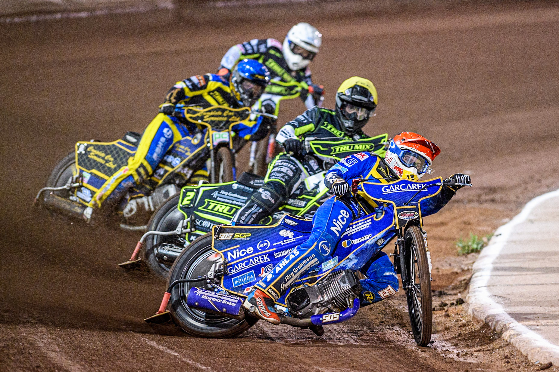 Robert Lambert (Red) leads  Erik Riss (Yellow) Kyle Howarth (Blue) and Emil Sayfutdinov (White) during the Sports Insure Premiership Grand Final Second Leg match between Sheffield Tigers and Ipswich Witches at Owlerton Stadium, Sheffield on Thursday 5th October 2023. (Photo: Ian Charles | MI News)