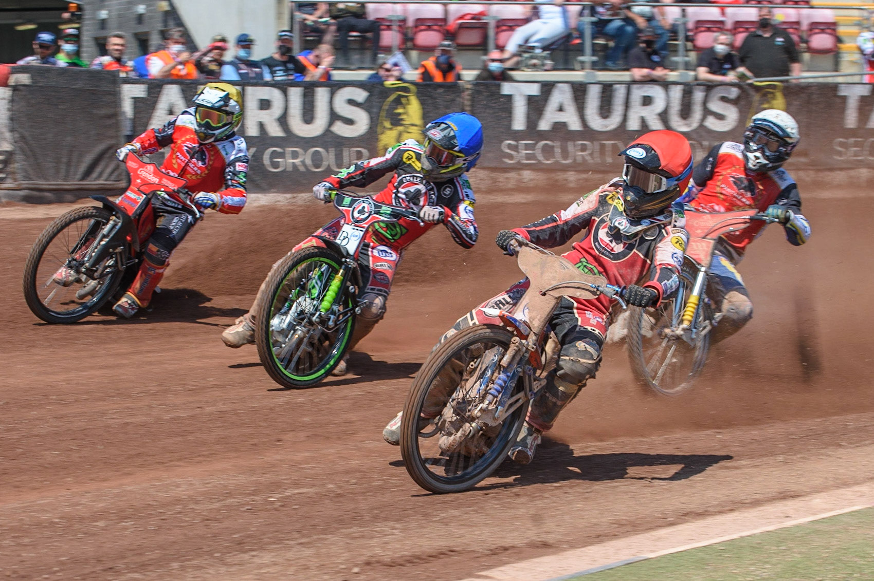 MANCHESTER, UK. MAY 31ST  Brady Kurtz  (Red) and Charles Wright (Blue) lead Bjarne Pedersen  (White) and Chris Harris (Yellow) during the SGB Premiership match between Belle Vue Aces and Peterborough at the National Speedway Stadium, Manchester on Monday 31st May 2021. (Credit: Ian Charles | MI News)