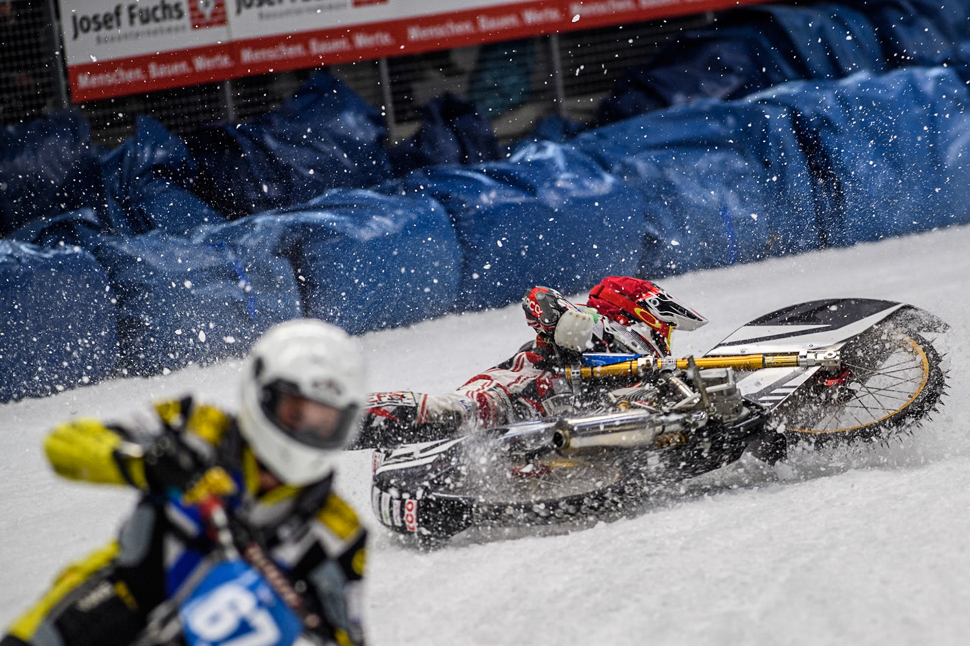 Austria's Charly Ebner (665) spins off during the FIM Ice Speedway Gladiators World Championship Final 2 at the Max-Aicher-Arena, Inzell on Sunday 24 March 2024. (Photo: Ian Charles | MI News)