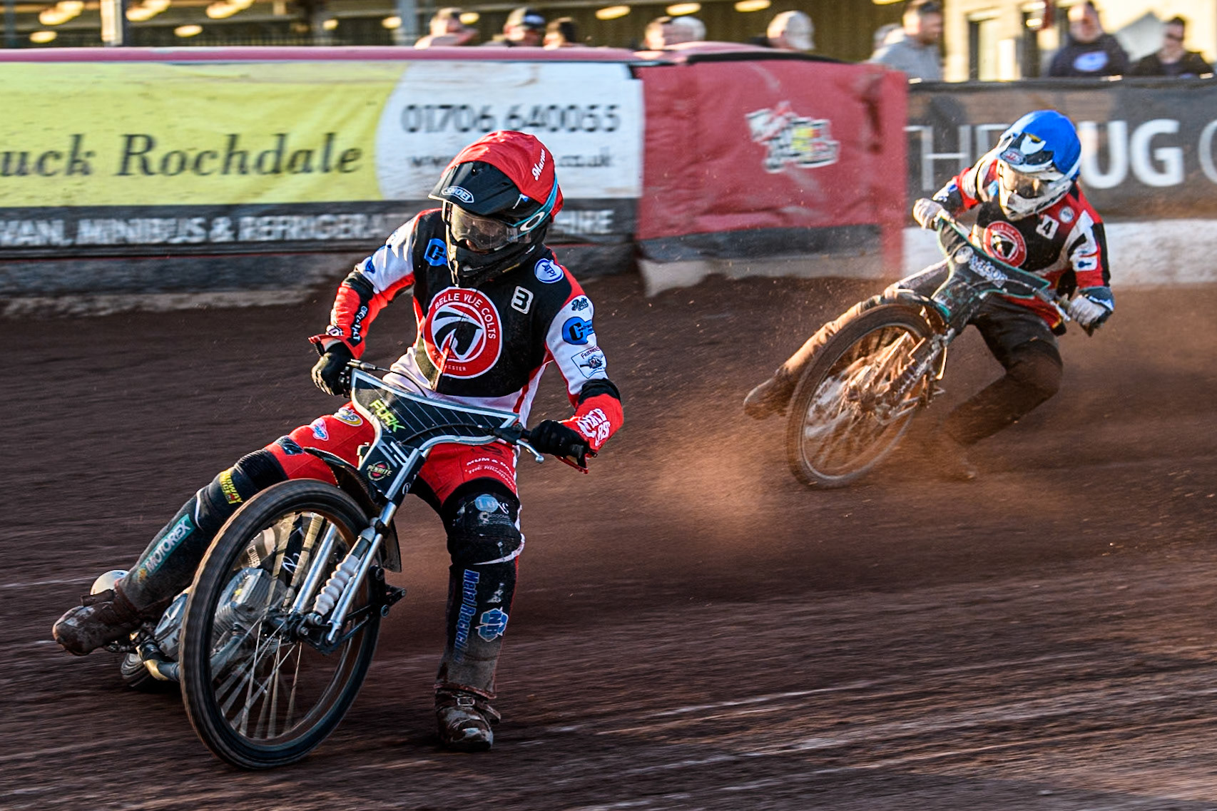 Belle Vue Colts' Matt Marson in Red leading team mate Belle Vue Colts' Guest rider Mason Watson in Blue during the WSRA National Development League match between Belle Vue Colts and Middlesbrough Tigers at the National Speedway Stadium, Manchester on Monday 17th June 2024. (Photo: Ian Charles | MI News)