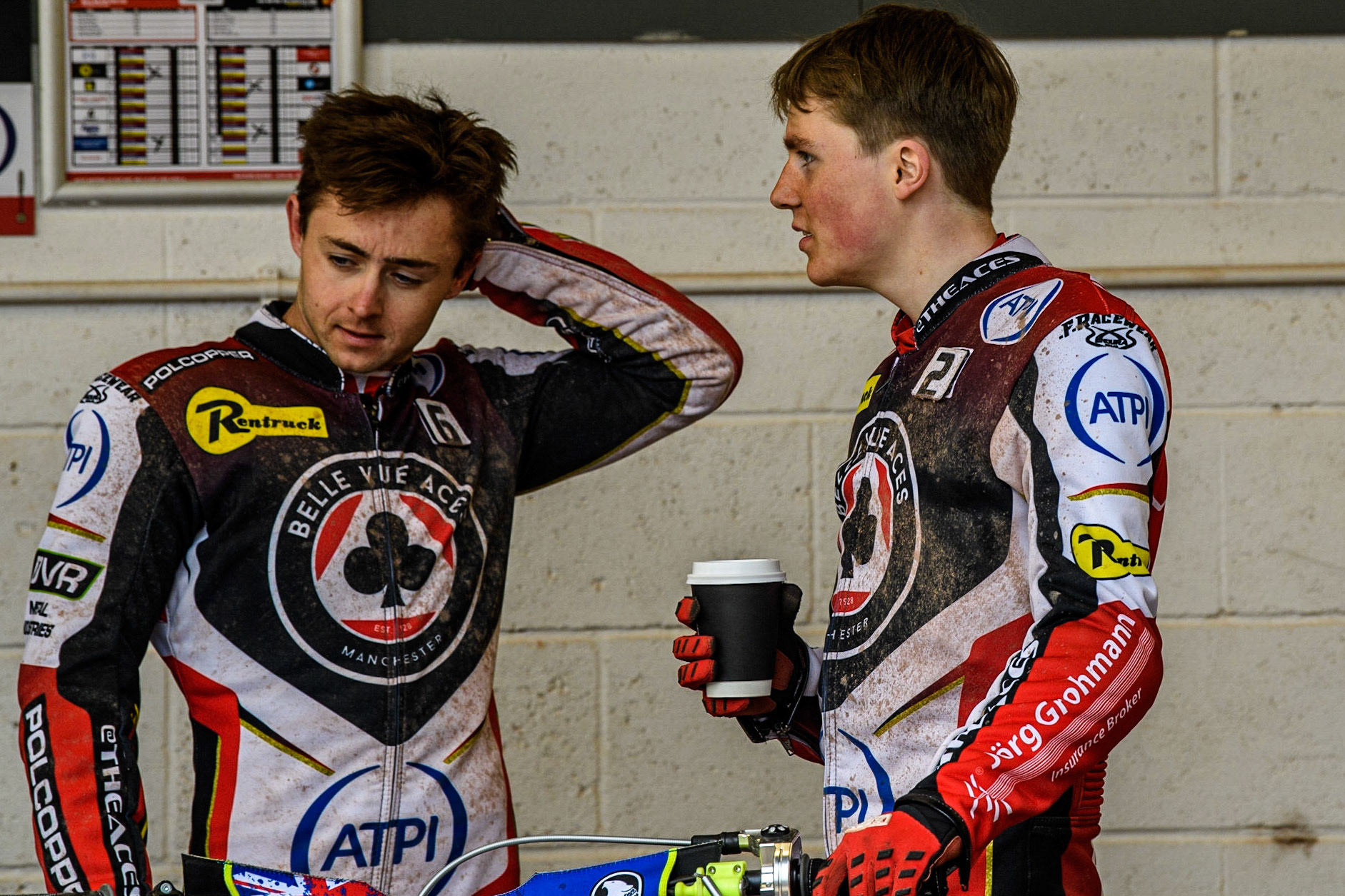 Norick Blodorn  (right) chats with Jaimon Lidsey  during the SGB Premiership match between Belle Vue Aces and Leicester Lions at the National Speedway Stadium, Manchester on Monday 1st May 2023. (Photo: Ian Charles | MI News)