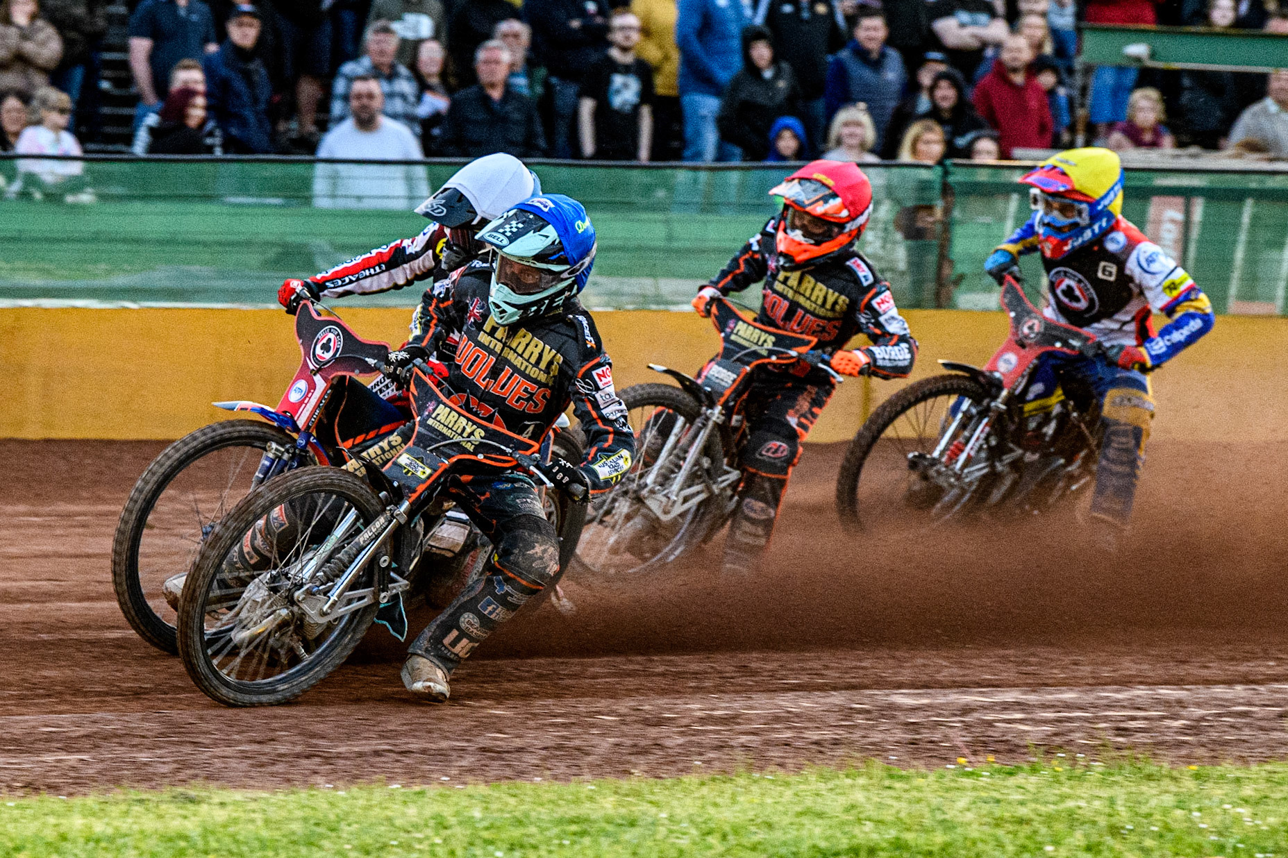 Ryan Douglas (Blue) inside Brady Kurtz (White) with Luke Becker (Red) and Paco Castagna (Yellow) behind during the Sports Insure Premiership match between Wolverhampton Wolves and Belle Vue Aces at Monmore Green Stadium, Wolverhampton on Monday 29th May 2023. (Photo: Ian Charles | MI News)