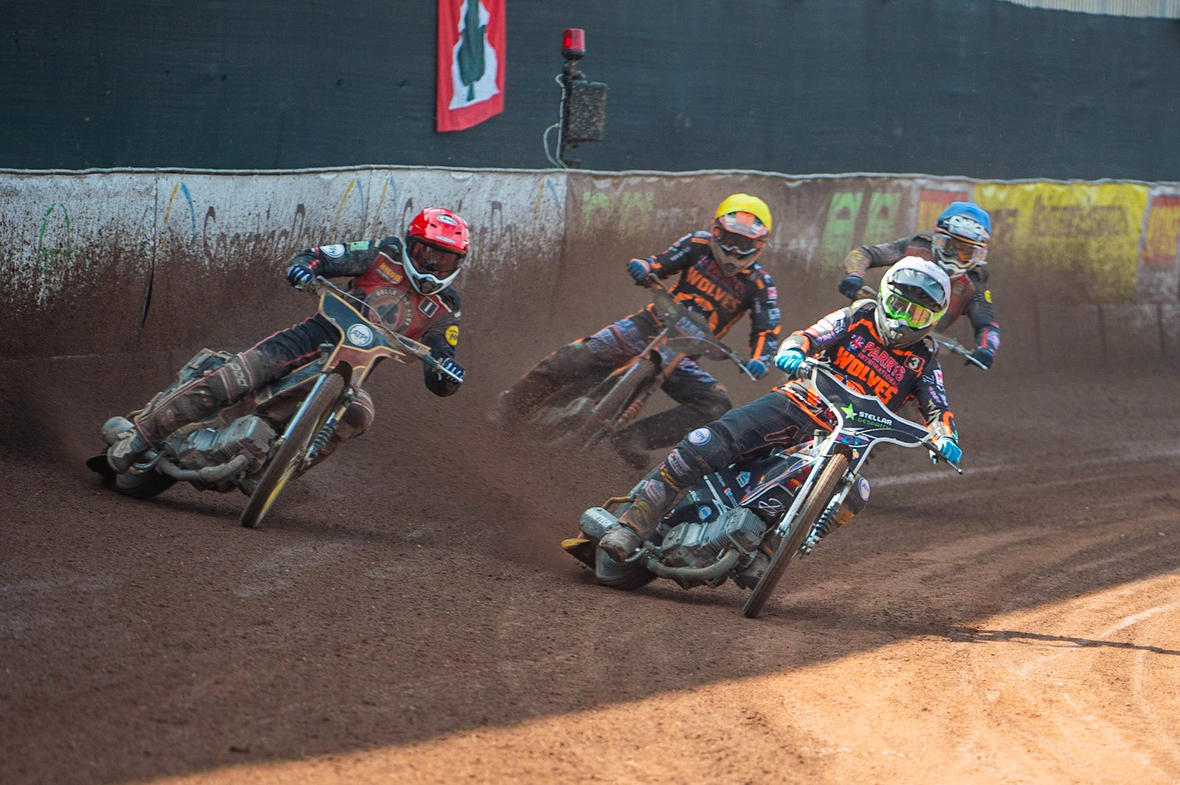 Photo by Ian Charles:

Scott Nicholls  (White) inside Max Fricke  (Red) with Ashley Morris  (Yellow) and Steve Worrall  (Blue) behind 

Belle Vue Aces v Wolverhampton Wolves, National Speedway Stadium, Manchester, Monday, 22, April, 2019