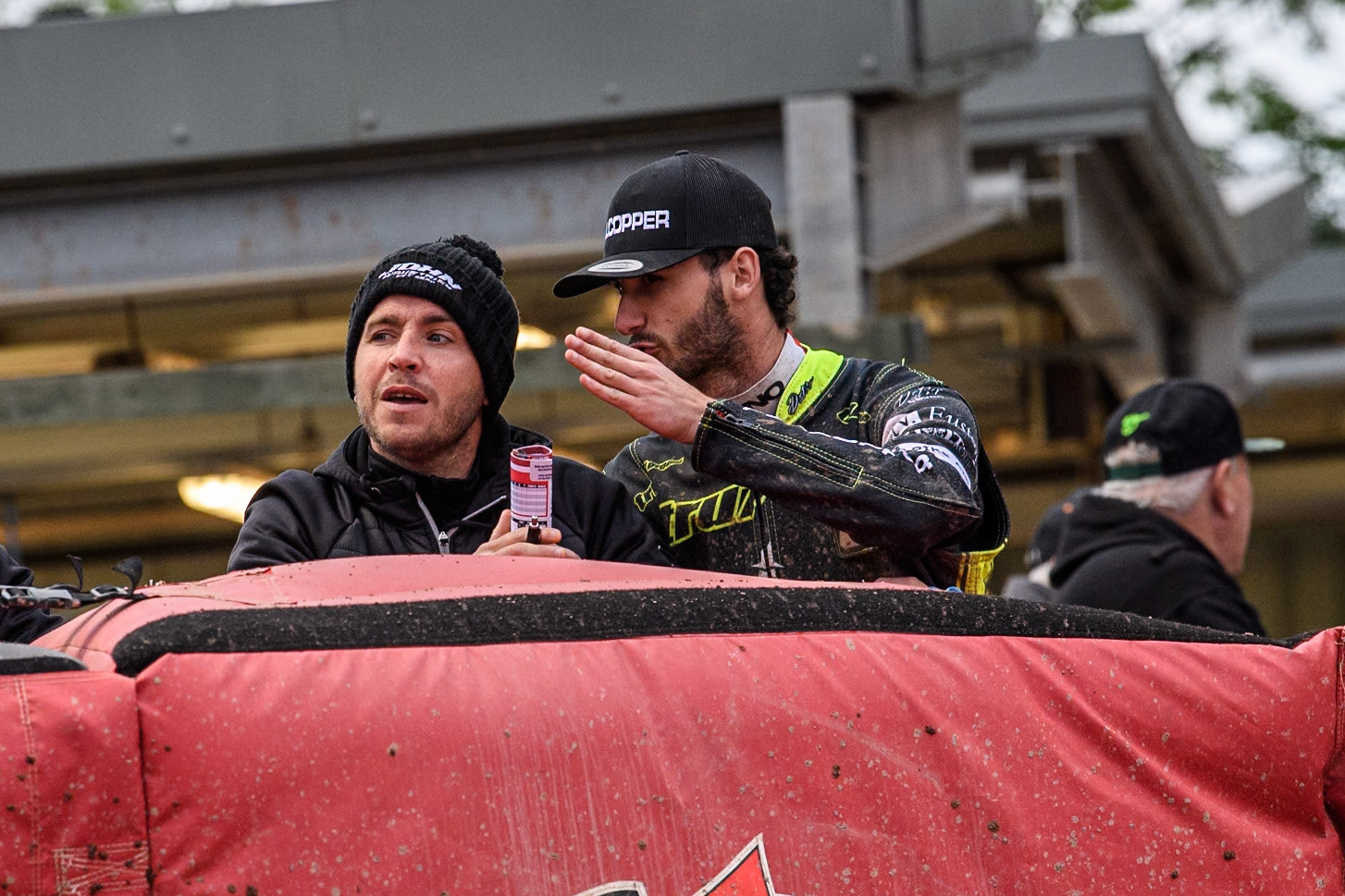 Ipswich Witches' Team Manager Ritchie Hawkins (Left) with Ipswich Witches' Keynan Rew during the Rowe Motor Oil Premiership match between Belle Vue Aces and Ipswich Witches at the National Speedway Stadium, Manchester on Monday 1st July 2024. (Photo: Ian Charles | MI News)