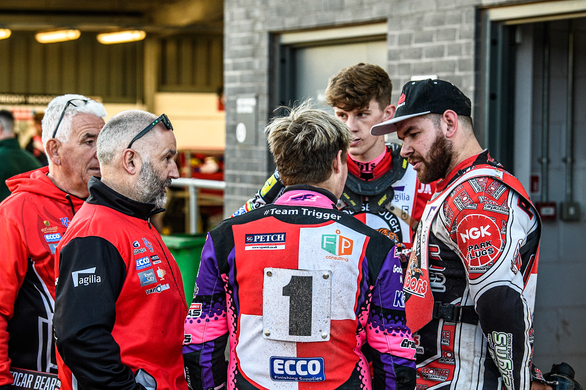 Middlesbrough Tigers have a team meeting during the WSRA National Development League match between Belle Vue Colts and Middlesbrough Tigers at the National Speedway Stadium, Manchester on Monday 17th June 2024. (Photo: Ian Charles | MI News)