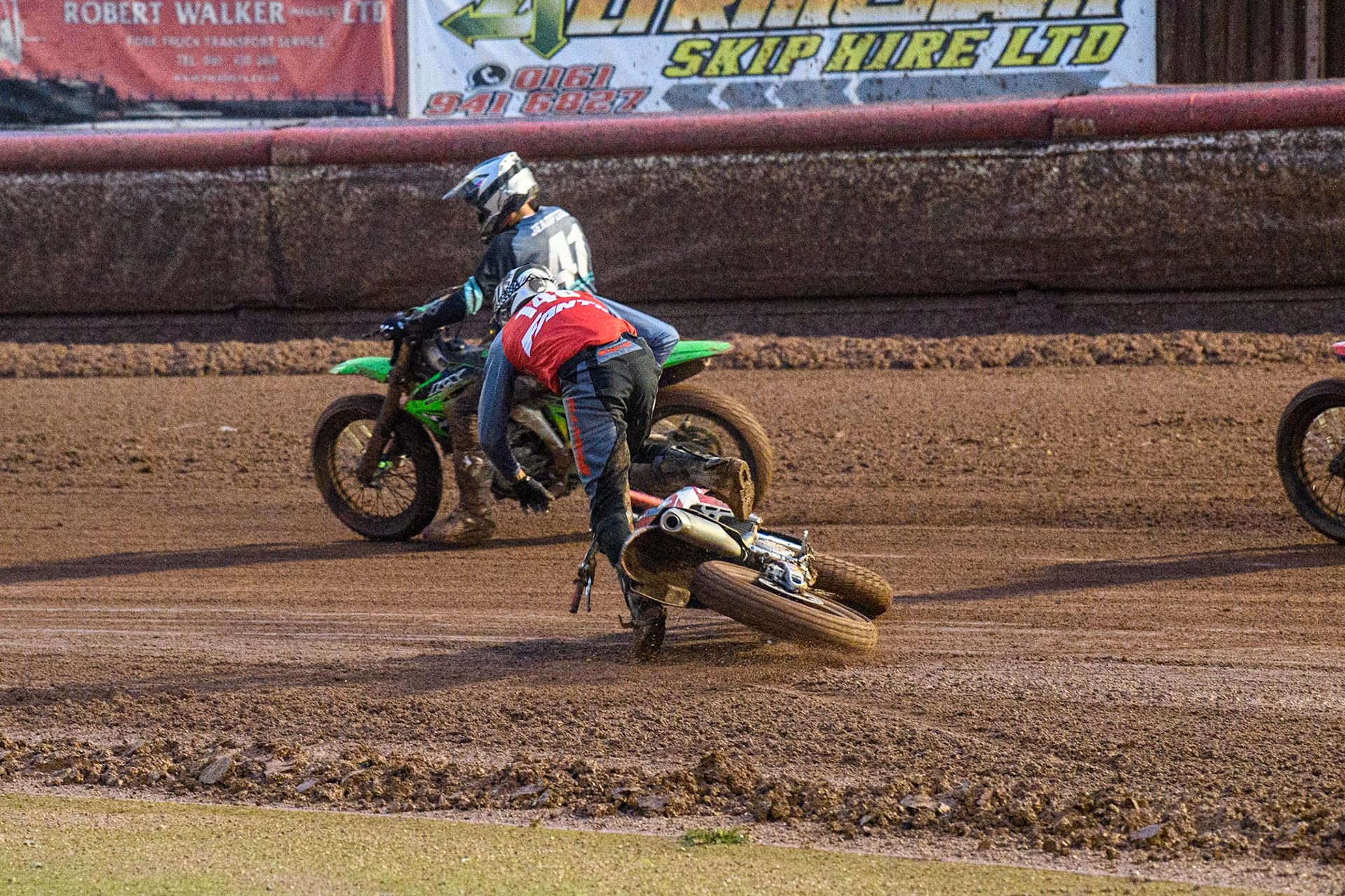 Vittorio Emanuele Marzotto (148) from Italy spins out and falls during the FIM World Flat Track Championship Round 1 at the National Speedway Stadium, Manchester on Saturday 5th August 2023. (Photo: Ian Charles | MI News)