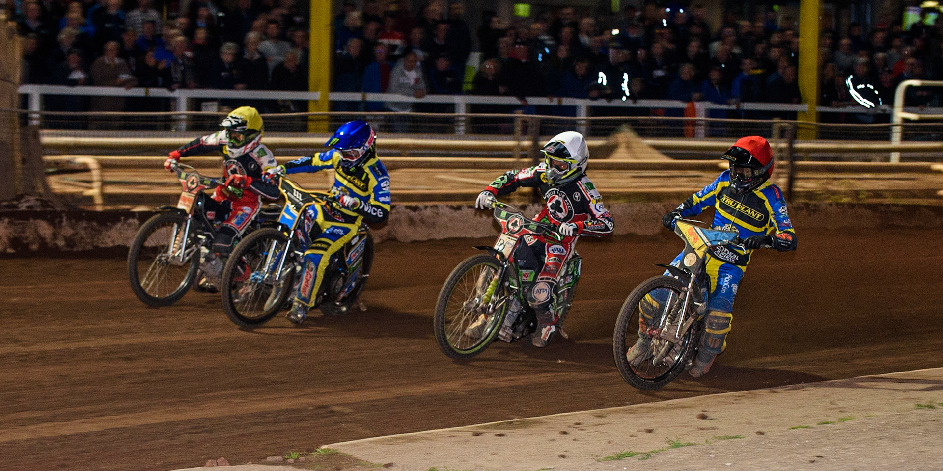 SHEFFIELD, UK. AUG 2NDAdam Ellis   (Red) inside Charles Wright  (White) Jack Holder  (Blue) and Dan Bewley  (Yellow) during the SGB Premiership match between Sheffield Tigers and Belle Vue Aces at Owlerton Stadium, Sheffield on Thursday 2nd September 2021. (Credit: Ian Charles | MI News)