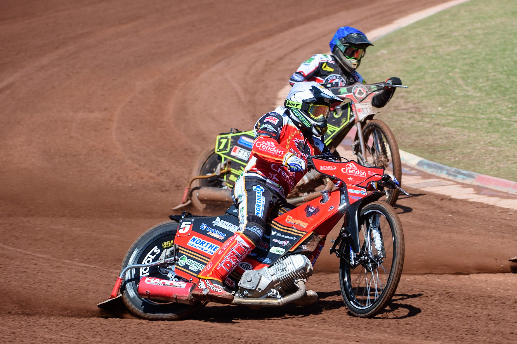 MANCHESTER, UK. MAY 31ST  Chris Harris  (White) outside Jye Etheridge  (Blue) during the SGB Premiership match between Belle Vue Aces and Peterborough at the National Speedway Stadium, Manchester on Monday 31st May 2021. (Credit: Ian Charles | MI News)