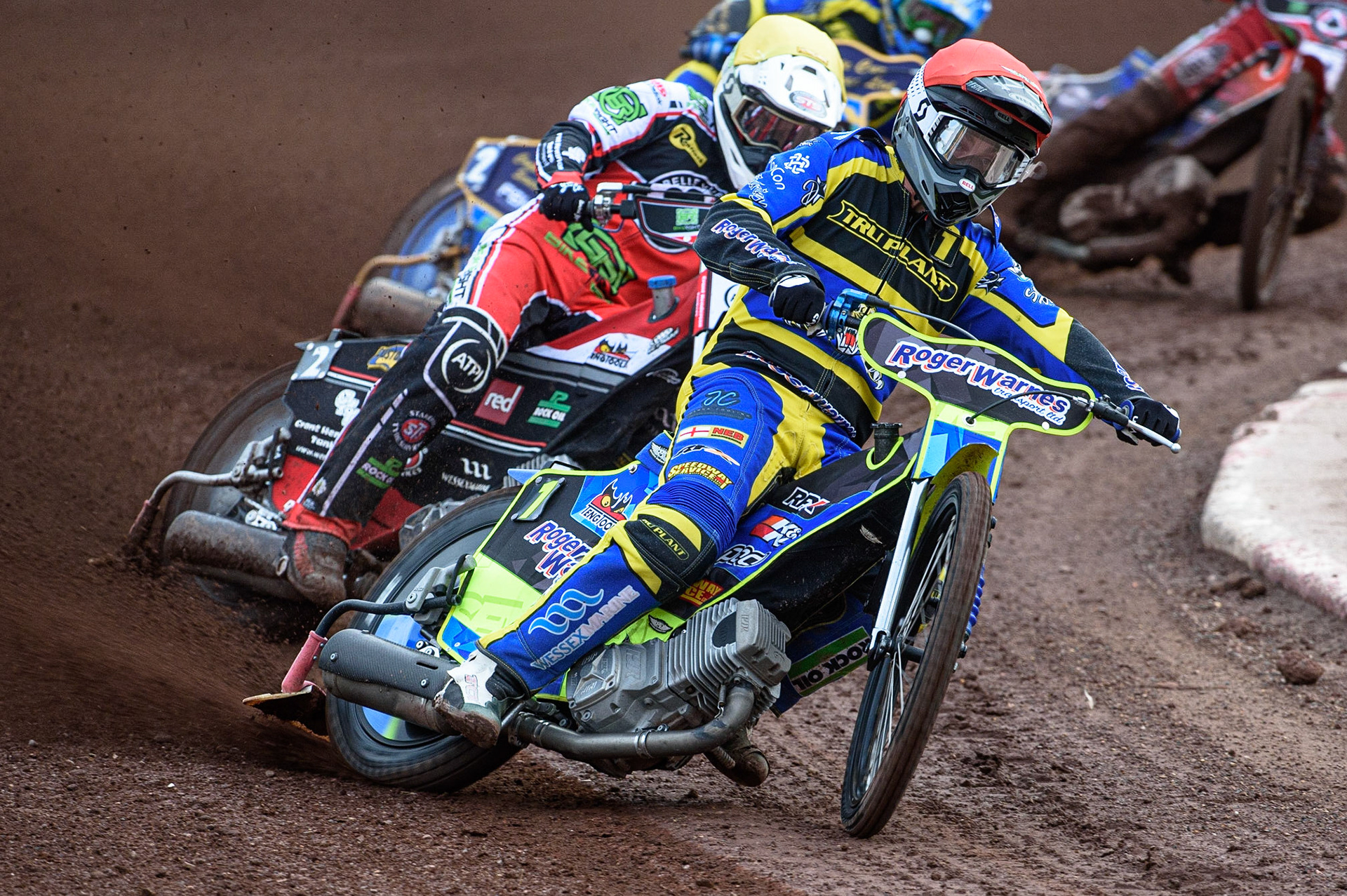 SHEFFIELD, UK. JULY 1ST     Troy Batchelor  (Red) leads Richie Worrall  (Yellow) during the SGB Premiership match between Sheffield Tigers and Belle Vue Aces at Owlerton Stadium, Sheffield on Thursday 1st July 2021. (Credit: Ian Charles | MI News)