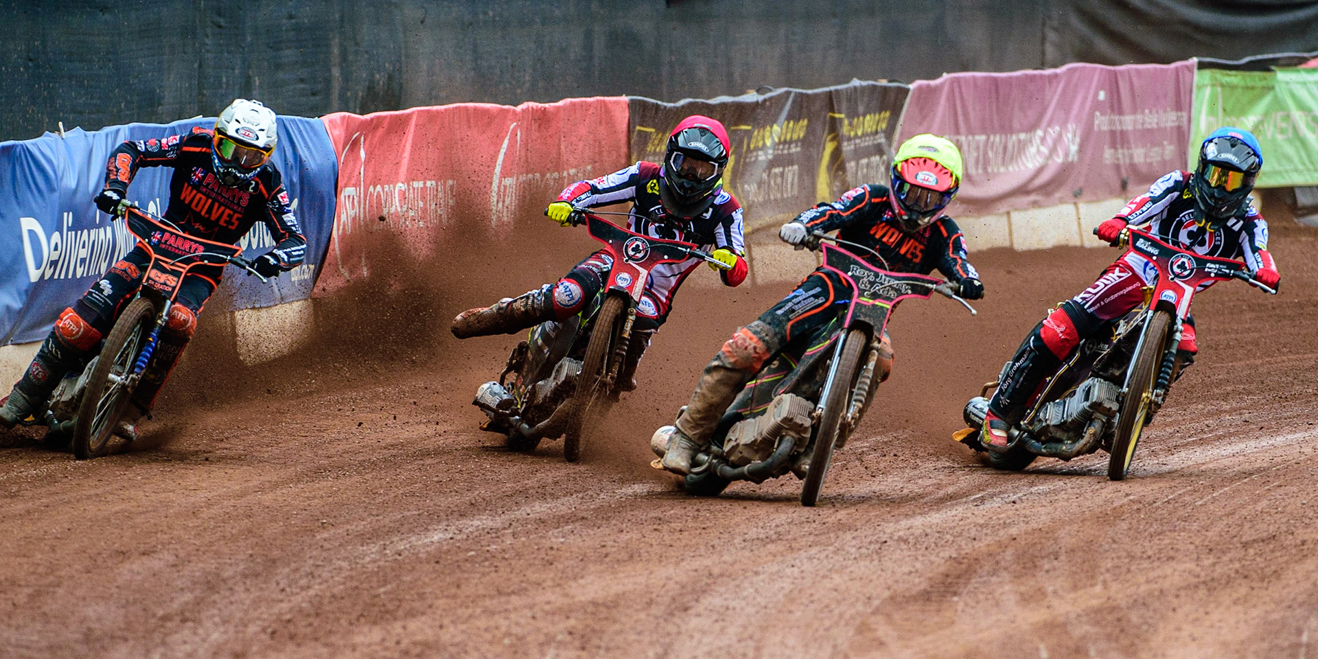 Leon Flint  (Yellow) leads team mate Steve Worrall  (White) Tom Brennan  (Red) and Norick Blödorn  (Blue) during the SGB Premiership match between Belle Vue Aces and Wolverhampton Wolves at the National Speedway Stadium, Manchester on Monday 29th August 2022. (Credit: Ian Charles | MI News)