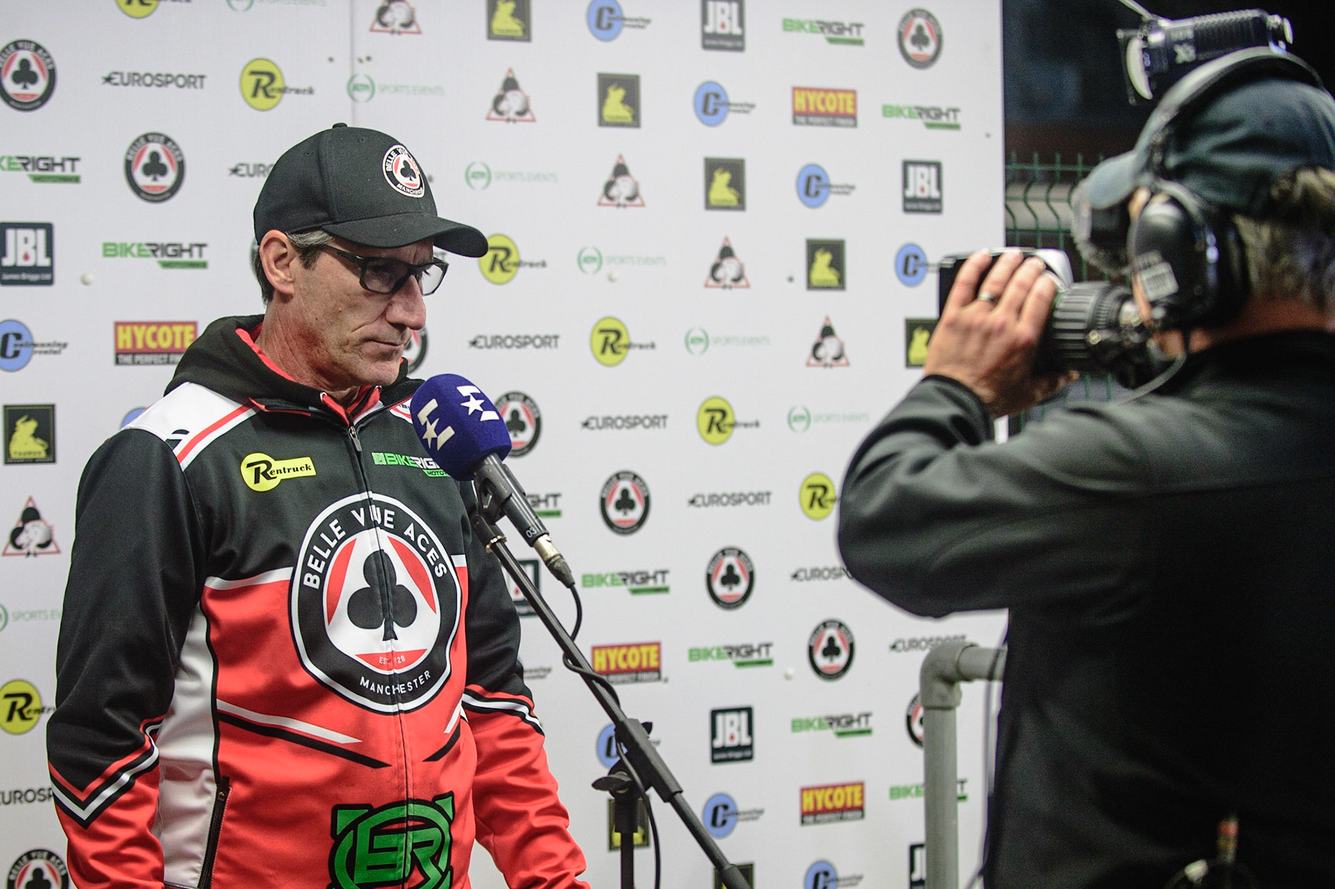 MANCHESTER, UK. OCT 11TH  Belle Vue BikeRight Aces  manager Mark Lemon  gives Eurosport an interview  during the SGB Premiership Grand Final 1st Leg between Belle Vue Aces and Peterborough Panthers at the National Speedway Stadium, Manchester on Monday 11th October 2021. (Credit: Ian Charles | MI News)