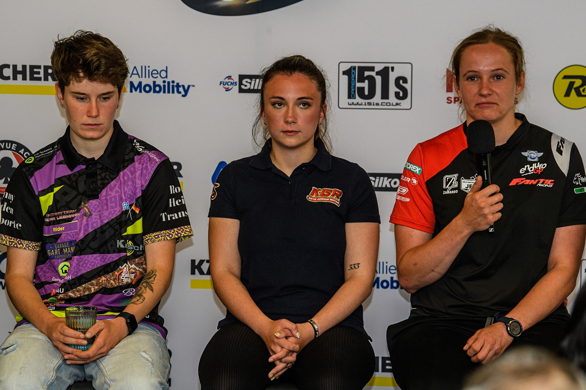 (l - r) Celina Liebmann, Katie Gordon, Jane Daniels during the FIM Flat Track World Championship &amp; FIM Women's Speedway Academy Launch at the National Speedway Stadium, Manchester on Monday 3rd July 2023. (Photo: Ian Charles | MI News)