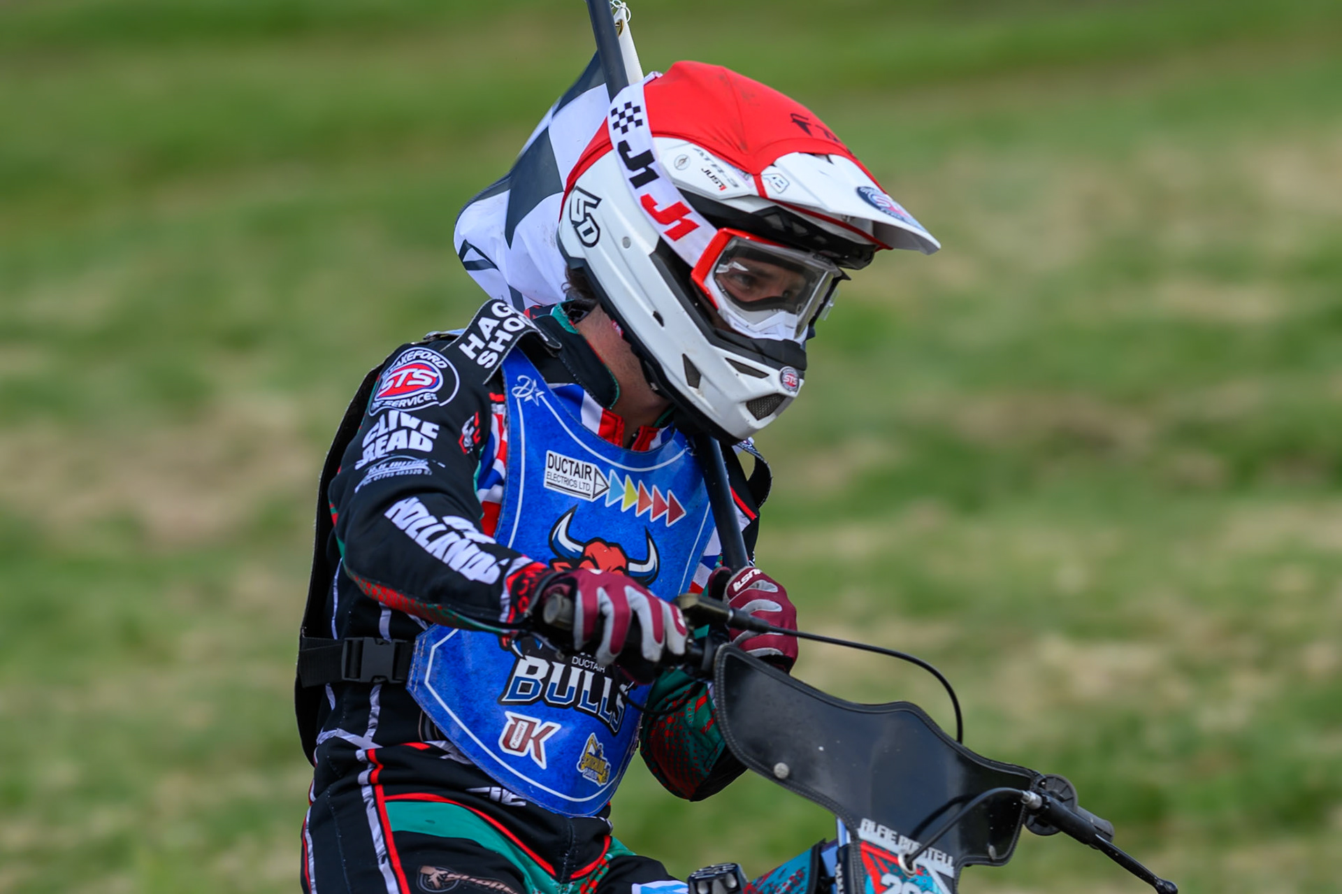 Alfie Bowtell of Buxton Bulls  with the Bulls Heat Winner flag during the WSRA National Development League match between Buxton Bulls and Edinburgh Monarchs Academy at Hi-Edge Speedway, Buxton on Sunday 14th June 2026. (Photo: Ian Charles | MI News)