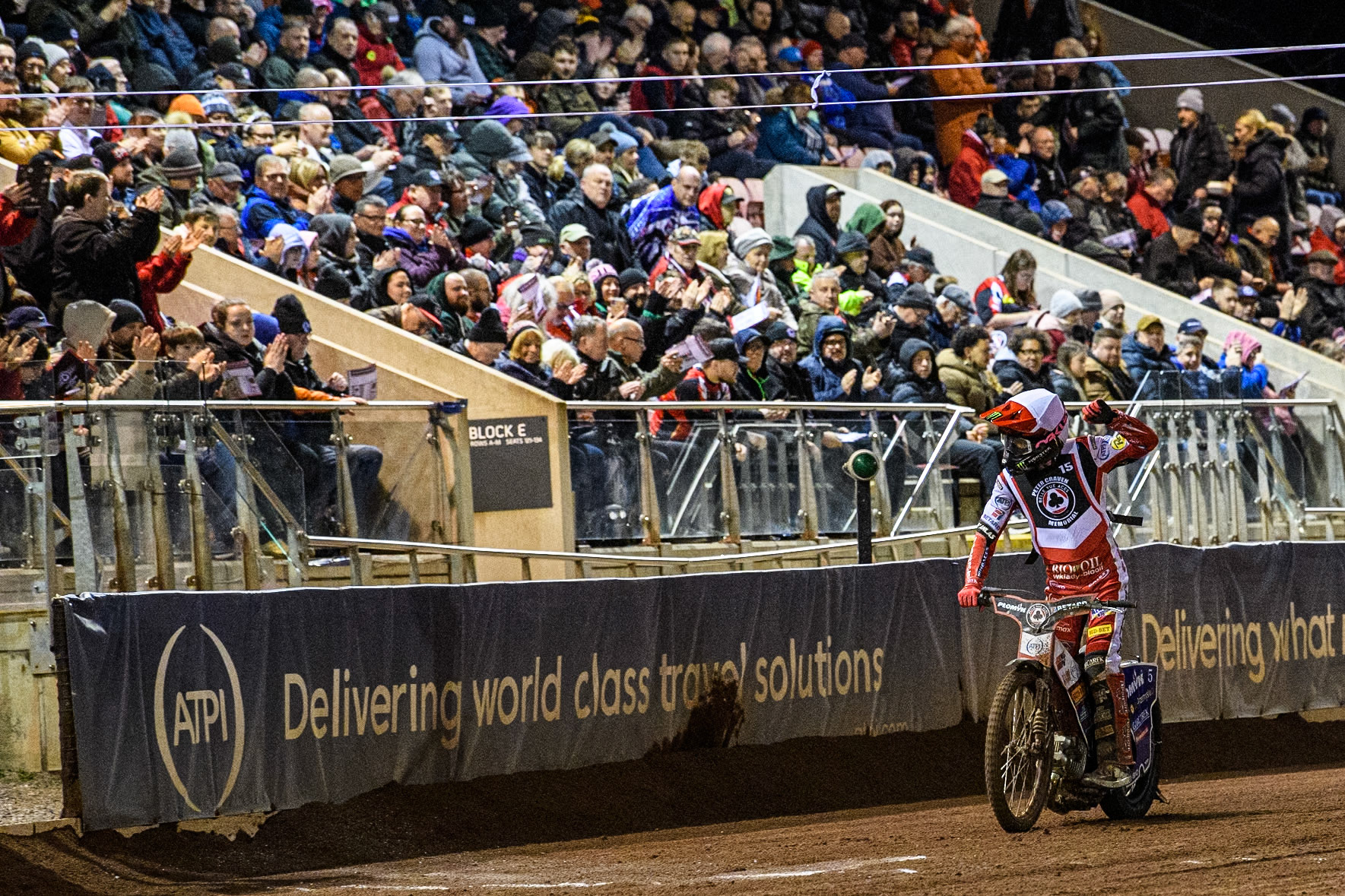 England's Dan Bewley acknowledges the crowd after his final heat during the Peter Craven Memorial Trophy meeting at the National Speedway Stadium, Manchester on Monday 18th March 2024. (Photo: Ian Charles | MI News)