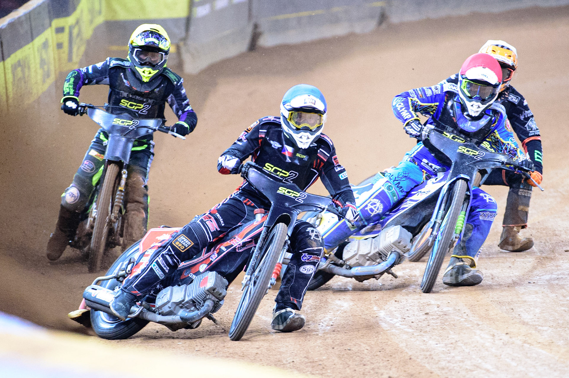 Jan Kvech (Czech Republic)  (Blue) leads Petr Chlupac (Czech Republic)  (Red), Tom Brennan (Great Britain)  (Yellow) and Kevin Juhl Pedersen (Denmark) (White) during the FIM  Speedway Grand Prix  2 of Great Britain at the Principality Stadium, Cardiff on Sunday 14th August 2022. (Credit: Ian Charles | MI News)