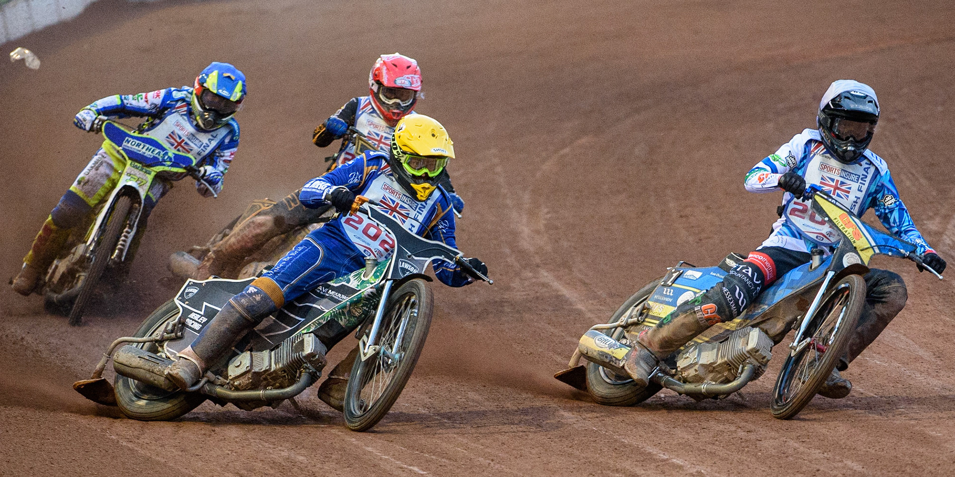 MANCHESTER, UK. AUGUST 16TH   Adam Ellis  (White) inside Richard Lawson. (Yellow), with Ben Barker  (Red) and Chris Harris  (Blue) behind during the Sports Insure British Speedway Finals at the National Speedway Stadium, Manchester on Monday 16th August 2021. (Credit: Ian Charles | MI News)