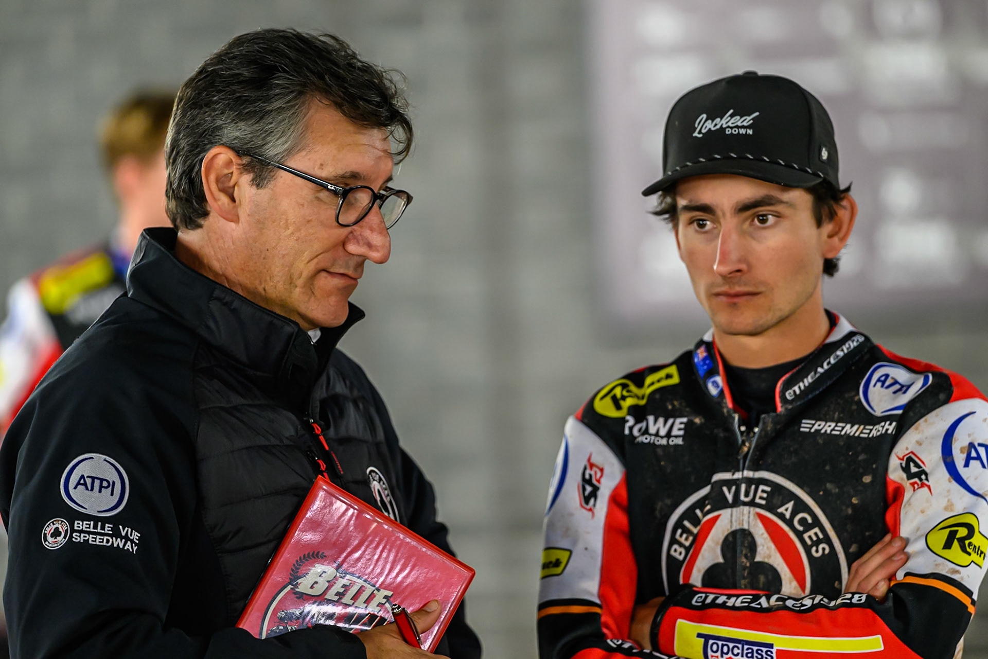 Mark Lemon, Team Manager of Belle Vue Aces  (Left) with Zach Cook of Belle Vue Aces  during the Rowe Motor Oil Premiership Play Off Semi Final 1 (1st Leg)  between Belle Vue Aces and Ipswich Witches at the National Speedway Stadium, Manchester on Monday 8th September 2025. (Photo: Ian Charles | MI News)