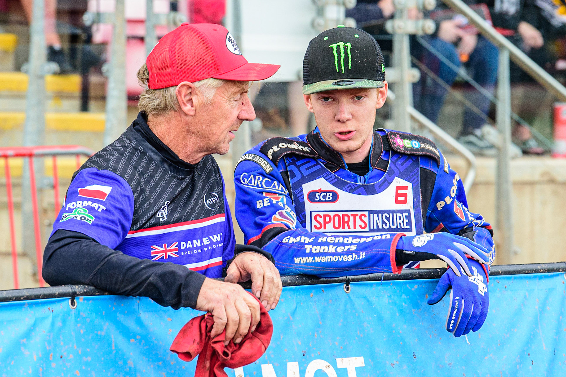 Dan Bewley  (right) with mentor Steve Lawson as they watch the track prep during the Sports Insure British Speedway Final, at the National Speedway Stadium, Manchester, on Sunday 18th September 2022. (Credit: Ian Charles | MI News )