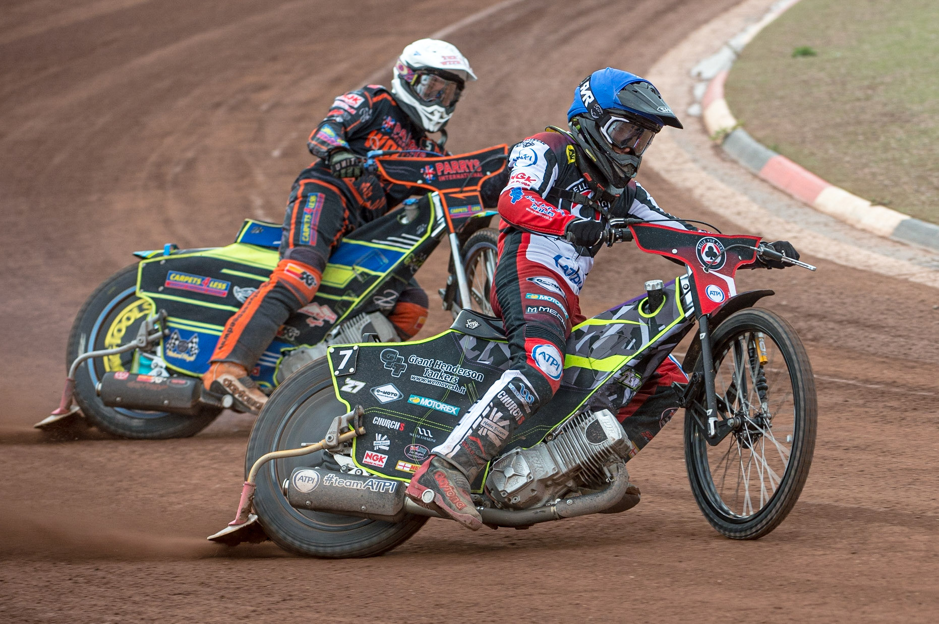 MANCHESTER, UK. JUN 13TH Tom Brennan  (Blue) leads Nick Morris  (White) during the SGB Premiership match between Belle Vue Aces and Wolverhampton  Wolves at the National Speedway Stadium, Manchester on Monday 13th June 2022. (Credit: Ian Charles | MI News)