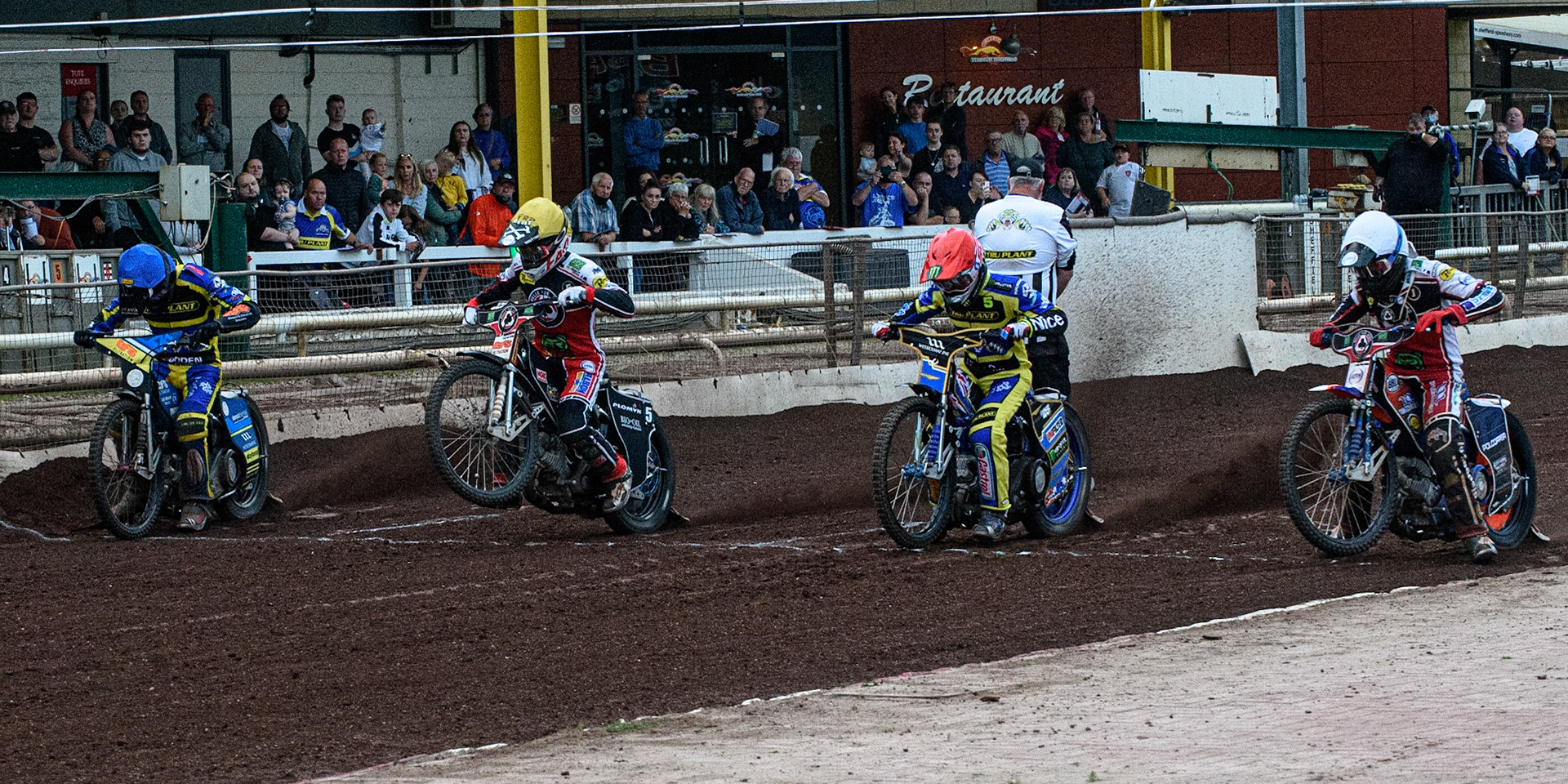 SHEFFIELD, UK. JULY 1ST     Heat 15 start: (l-r) Adam Ellis  (Blue) Dan Bewley  (Yellow) Jack Holder  (Red) and Brady Kurtz (White) during the SGB Premiership match between Sheffield Tigers and Belle Vue Aces at Owlerton Stadium, Sheffield on Thursday 1st July 2021. (Credit: Ian Charles | MI News)