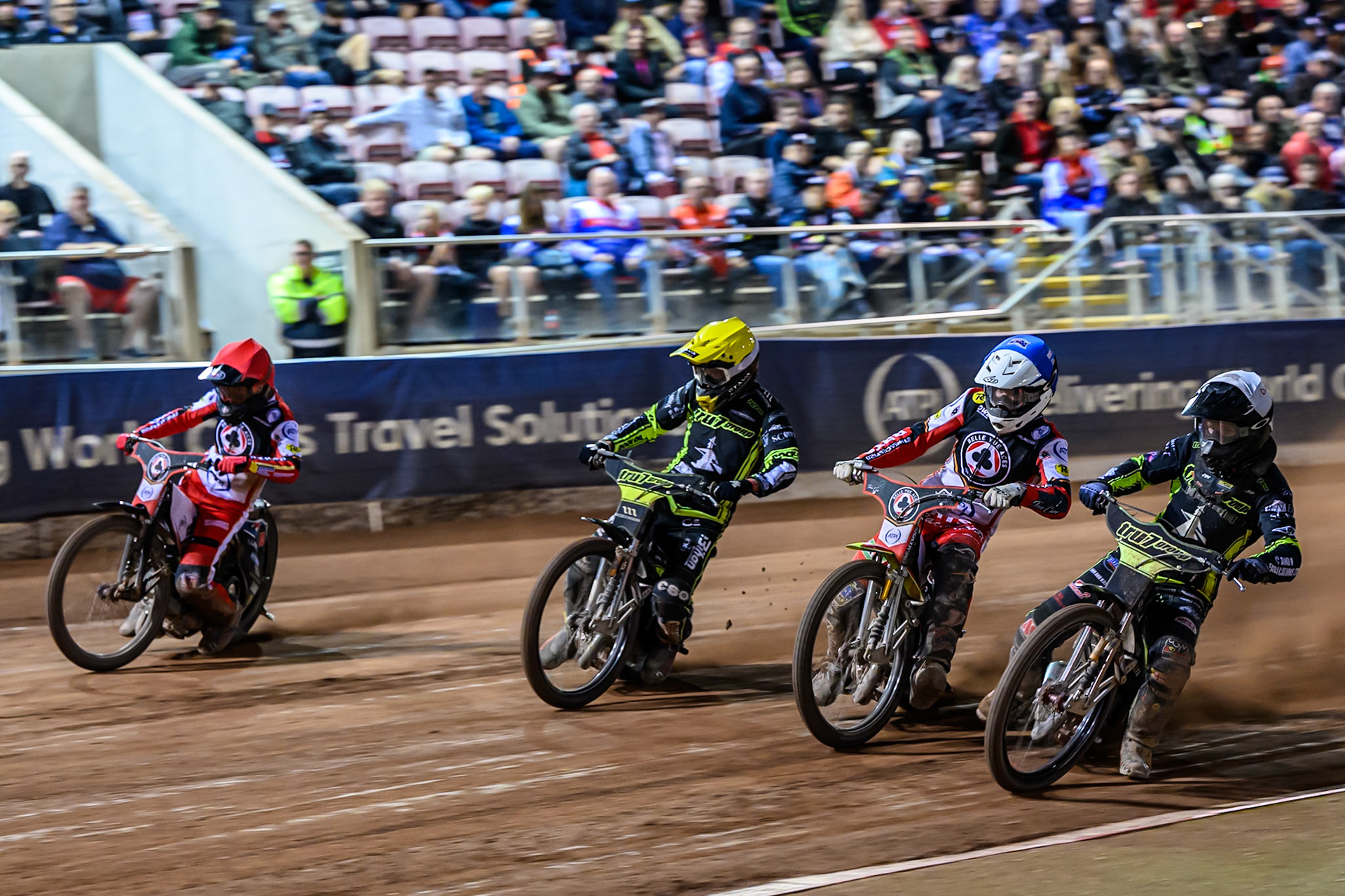 (L to R) Zach Cook of Belle Vue Aces  in Red, Adam Ellis of Ipswich Witches  in Yellow, Tate Zischke of Belle Vue Aces  in Blue, and Dan Thompson of Ipswich Witches  in White during the Rowe Motor Oil Premiership Play Off Semi Final 1 (1st Leg)  between Belle Vue Aces and Ipswich Witches at the National Speedway Stadium, Manchester on Monday 8th September 2025. (Photo: Ian Charles | MI News)