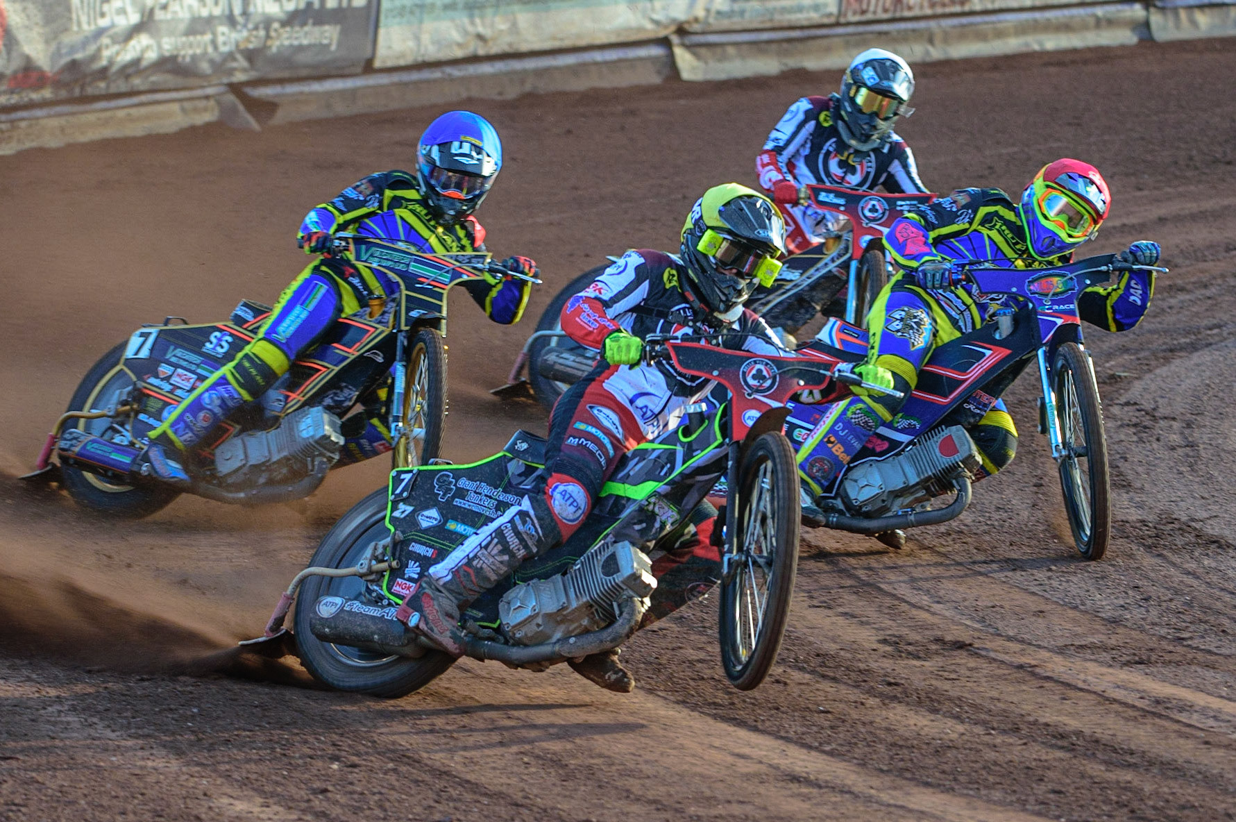 SHEFFIELD, UK. MAY 26TH  Tom Brennan  (Yellow) leads Stefan Nielsen  (Red) Connor Mountain (Blue) and Norick Blödorn  (White) during the SGB Premiership match between Sheffield Tigers and Belle Vue Aces at Owlerton Stadium, Sheffield on Thursday 26th May 2022. (Credit: Ian Charles | MI News)