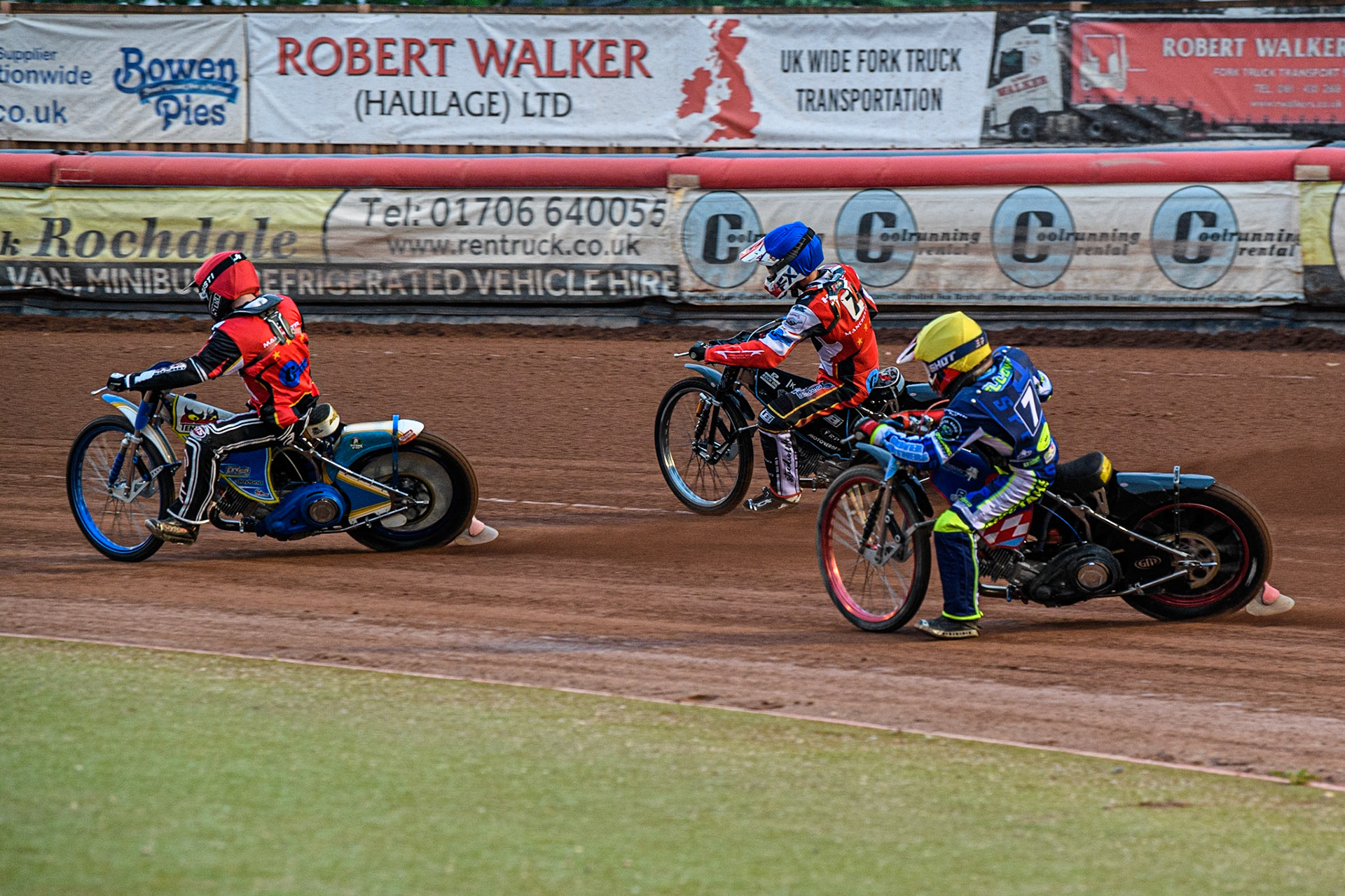 Jacob Fellows  (Yellow) chases Jack Shimelt  (Red) and Freddy Hodder  (Blue) during the National Development League match between Belle Vue Colts and Oxford Chargers at the National Speedway Stadium, Manchester on Friday 12th May 2023. (Photo: Ian Charles | MI News)